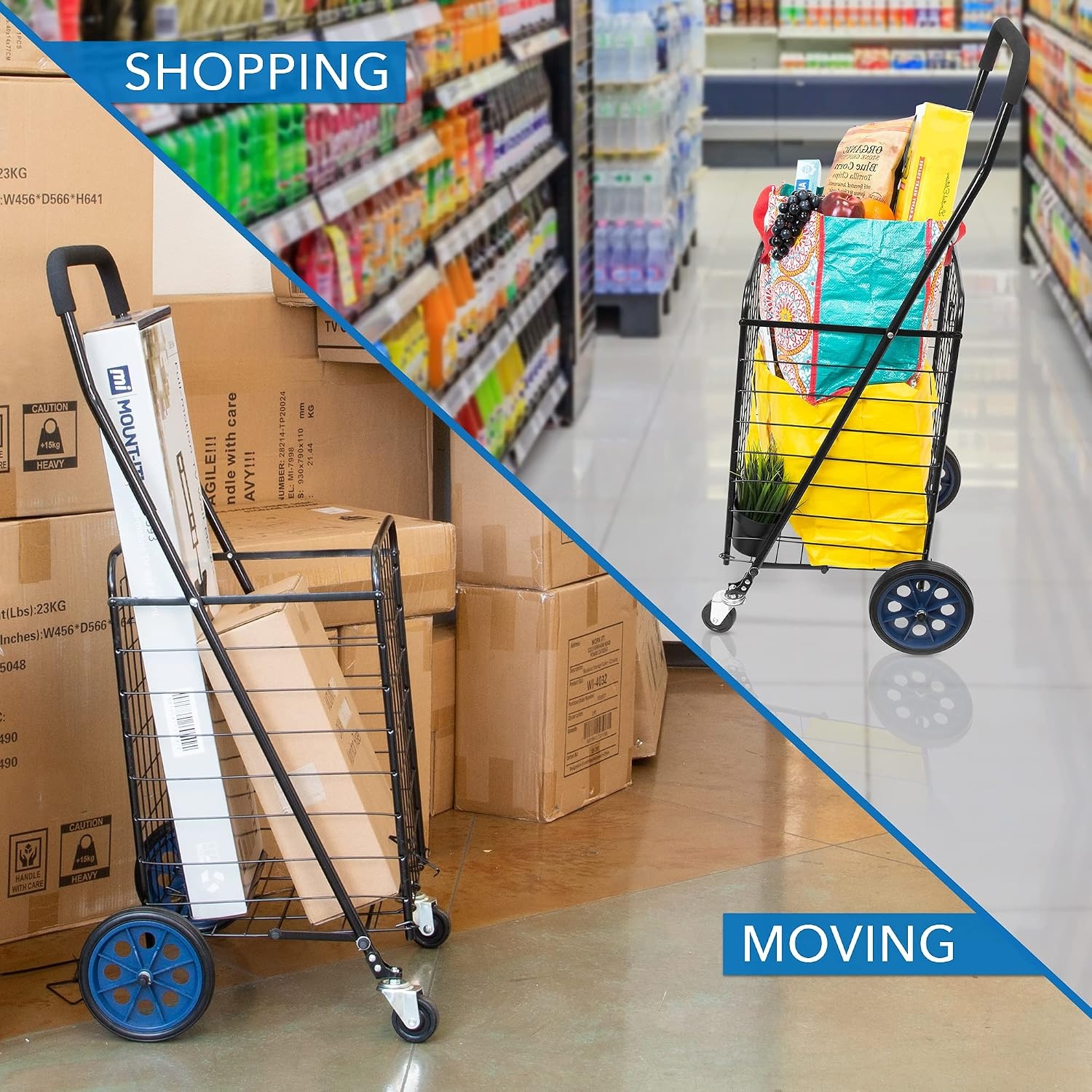 image:imageMountIt Foldable Shopping Cart with 360 Swivel Wheels Portable Grocery Cart on Wheels with Extended Foam Handle Heavy Duty Folding Dolly for Groceries Laundry and More Supports up to 66 lbsSmall