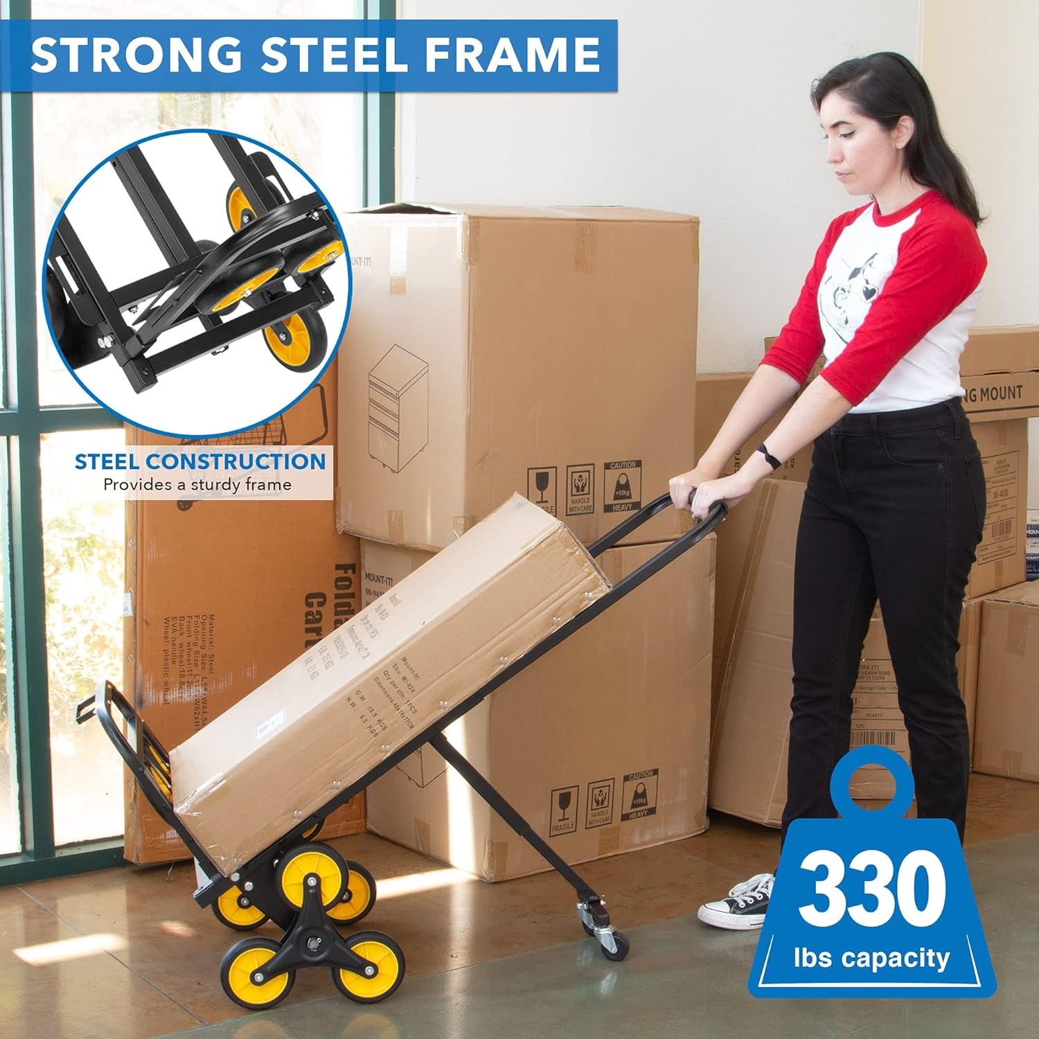 image:imageMountIt Folding Hand Truck and Dolly HeavyDuty Luggage Trolley Cart with Telescoping Handle and Rubber Wheels Silver Black Yellow 130 Lb Capacity
