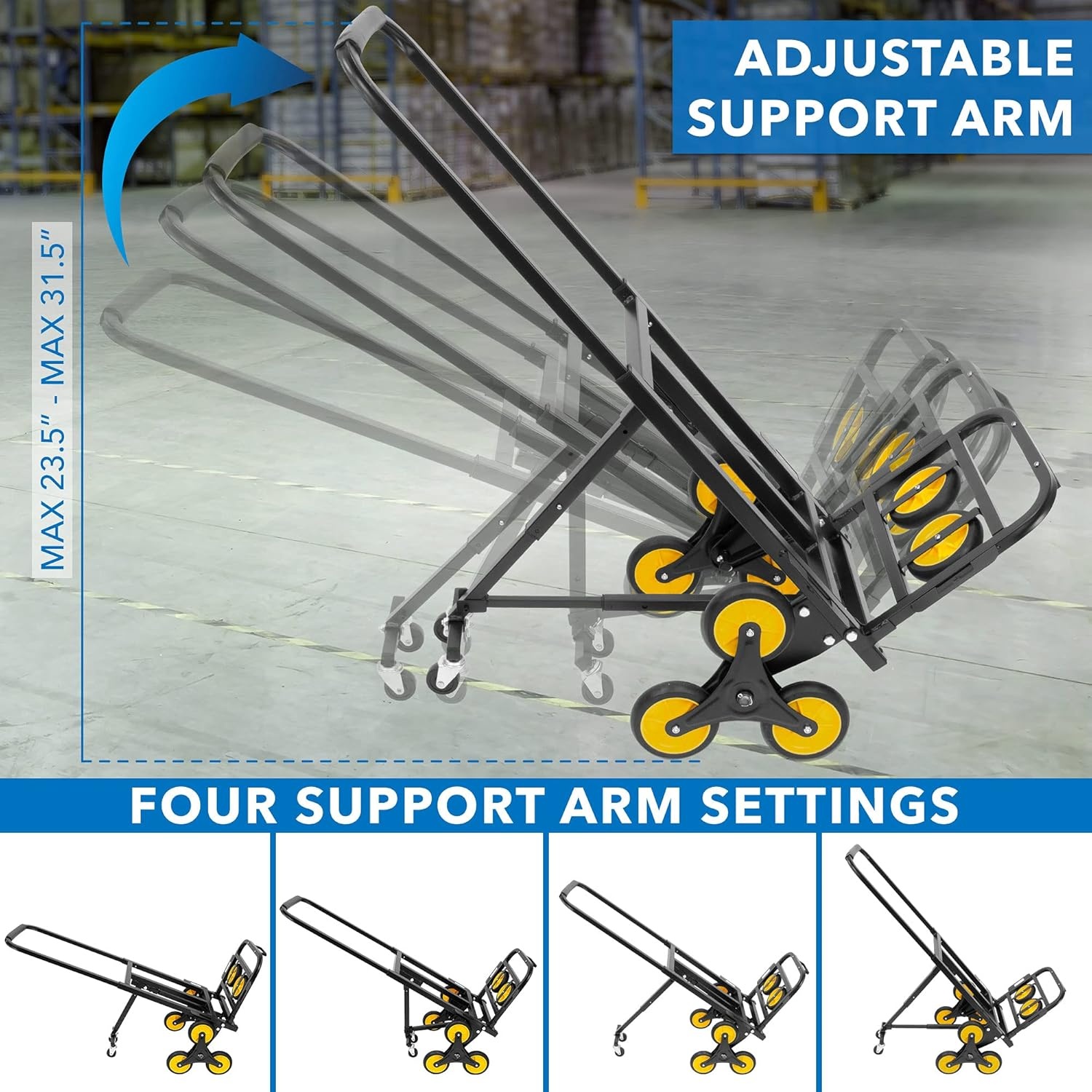 image:imageMountIt Folding Hand Truck and Dolly HeavyDuty Luggage Trolley Cart with Telescoping Handle and Rubber Wheels Silver Black Yellow 130 Lb Capacity