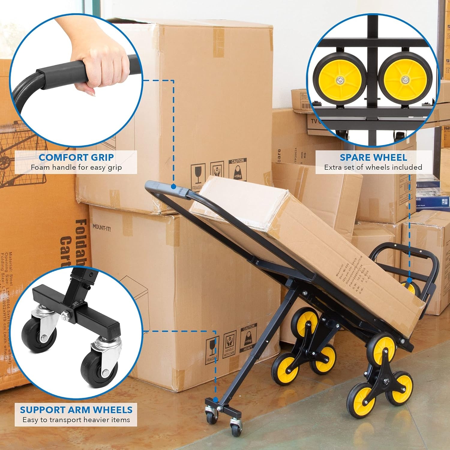 image:imageMountIt Folding Hand Truck and Dolly HeavyDuty Luggage Trolley Cart with Telescoping Handle and Rubber Wheels Silver Black Yellow 130 Lb Capacity