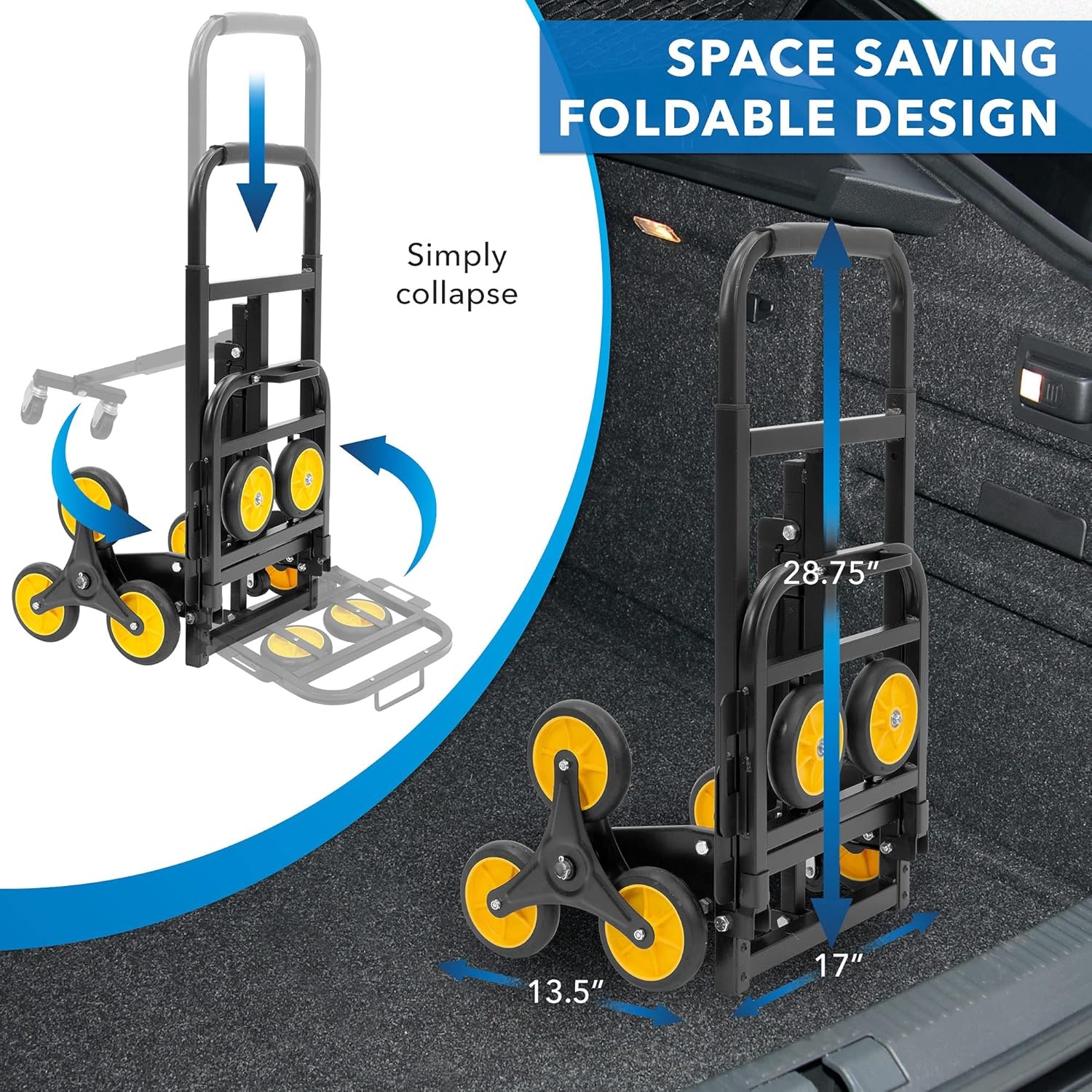 image:imageMountIt Folding Hand Truck and Dolly HeavyDuty Luggage Trolley Cart with Telescoping Handle and Rubber Wheels Silver Black Yellow 130 Lb Capacity