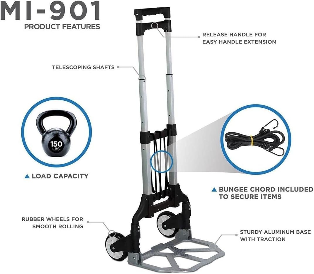 image:imageMountIt Folding Hand Truck and Personal Dolly Aluminum Trolley Heavy Duty 264 Lb Capacity Cart Dolly Cart with Wheels of Durable Rubber Soft Grip Telescoping Handle for Indoor Outdoor Foldable165 Lb Capacity