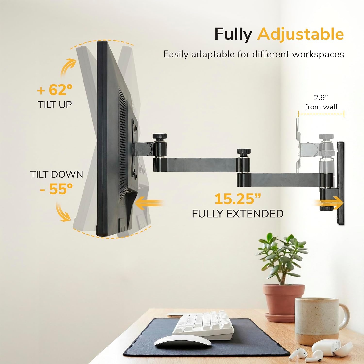 image:imageMountIt Full Motion Computer Monitor Wall Mount Adjustable Arm for Home Office Gaming Workstations Fits 1932 Screens VESA 75x75 amp 100x100 Tilt Swivel Rotate 33 lb Single Stud Install