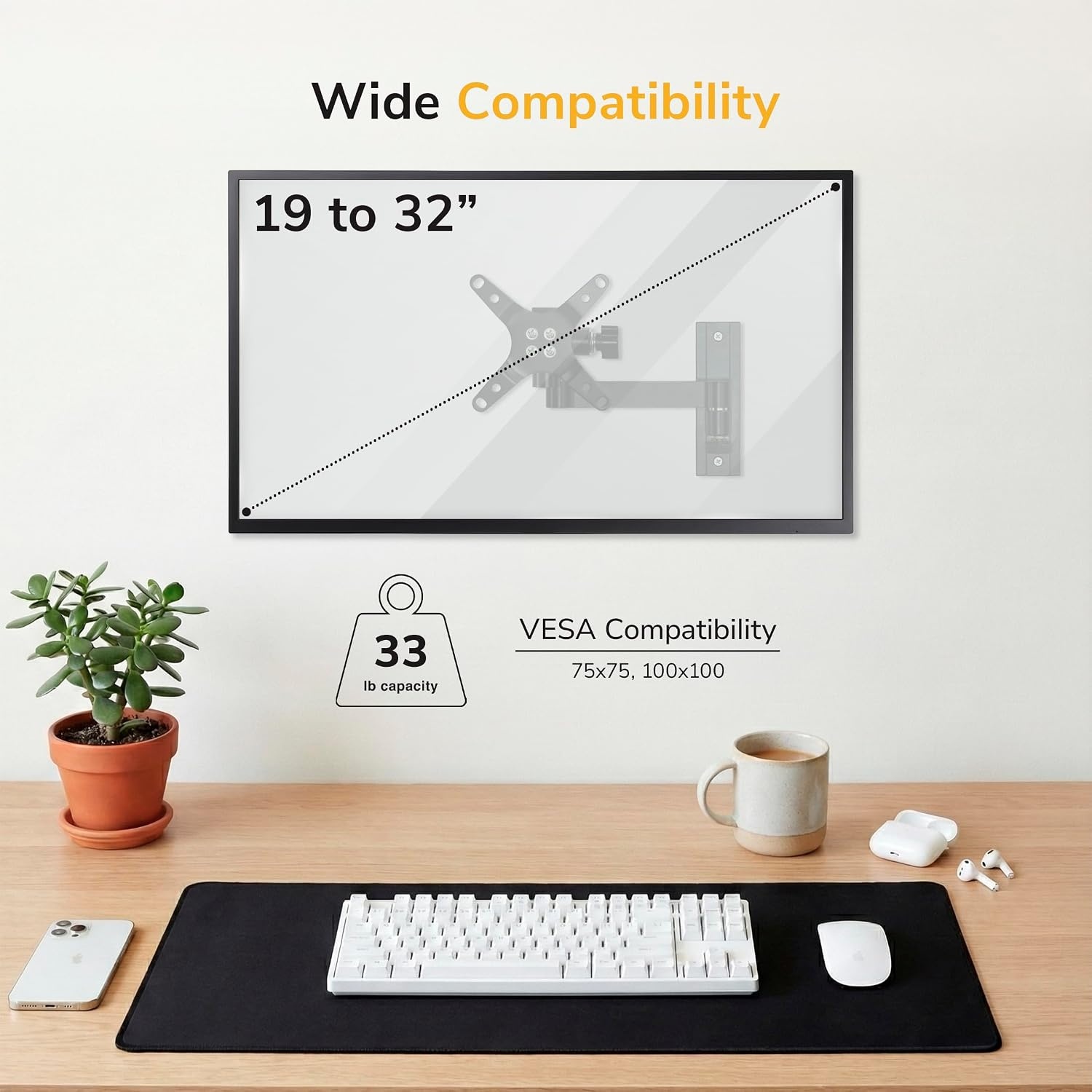 image:imageMountIt Full Motion Computer Monitor Wall Mount Adjustable Arm for Home Office Gaming Workstations Fits 1932 Screens VESA 75x75 amp 100x100 Tilt Swivel Rotate 33 lb Single Stud Install