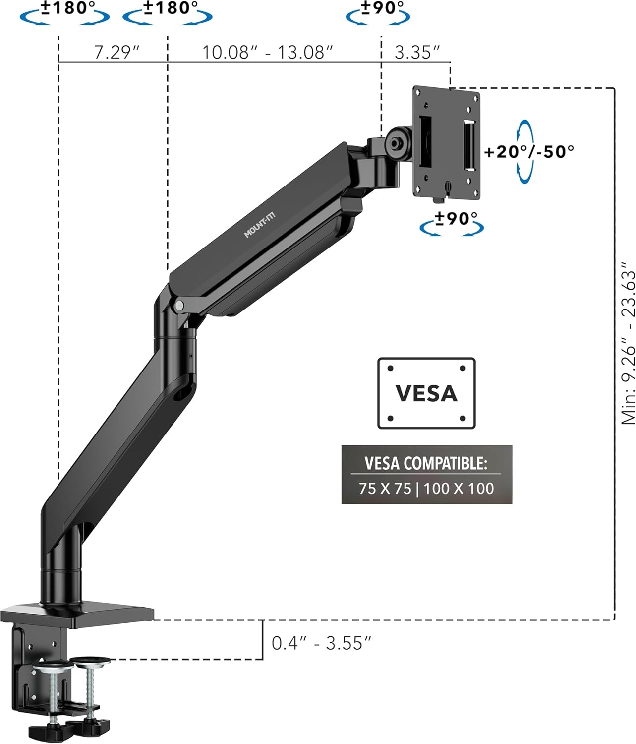 image:imageMountIt Heavy Duty Monitor Arm for 49 57 amp Ultrawide Monitors Full Motion Gas Spring Holds 55 lbs Tilt Swivel amp Rotate VESA 75 amp 100 Clamp amp Grommet Base Fits Samsung Odyssey G9