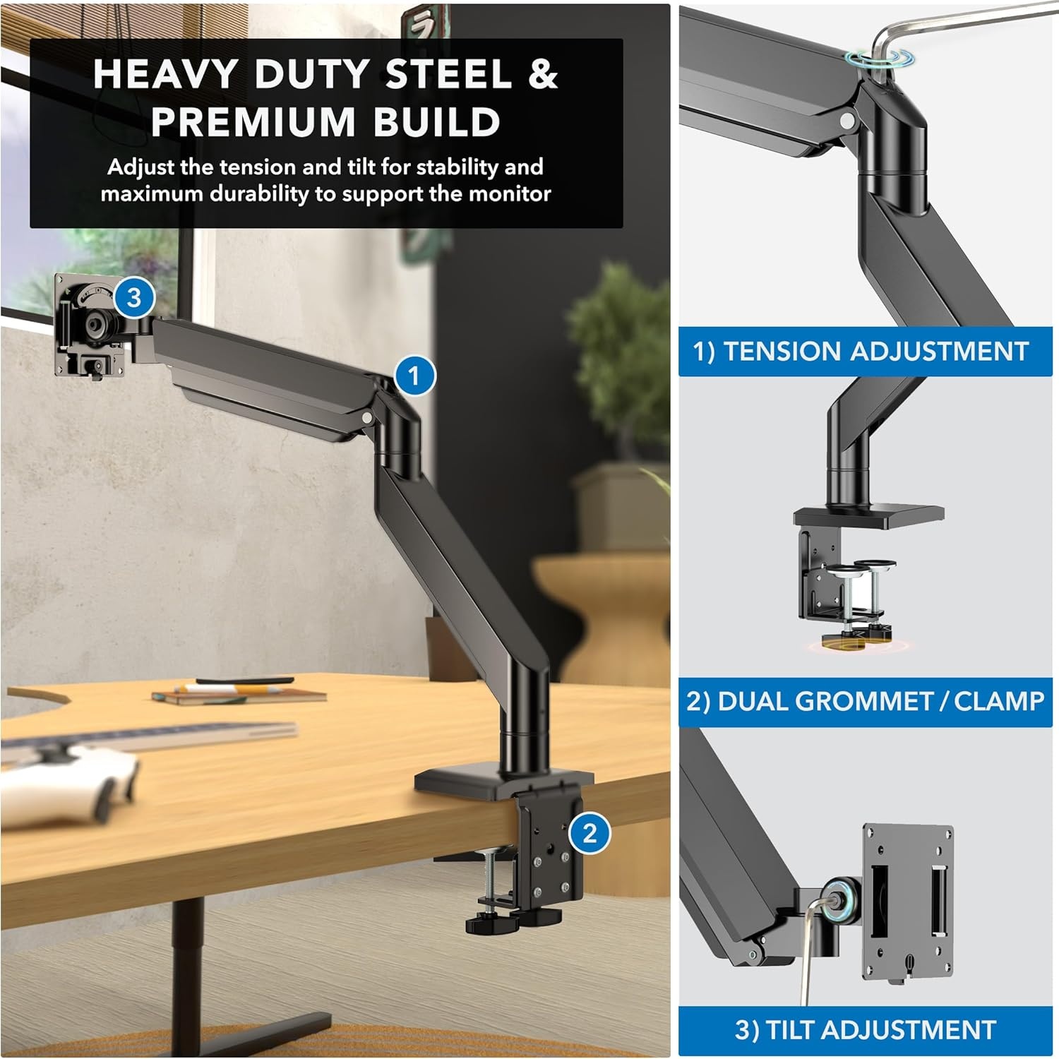 image:imageMountIt Heavy Duty Monitor Arm for 49 57 amp Ultrawide Monitors Full Motion Gas Spring Holds 55 lbs Tilt Swivel amp Rotate VESA 75 amp 100 Clamp amp Grommet Base Fits Samsung Odyssey G9