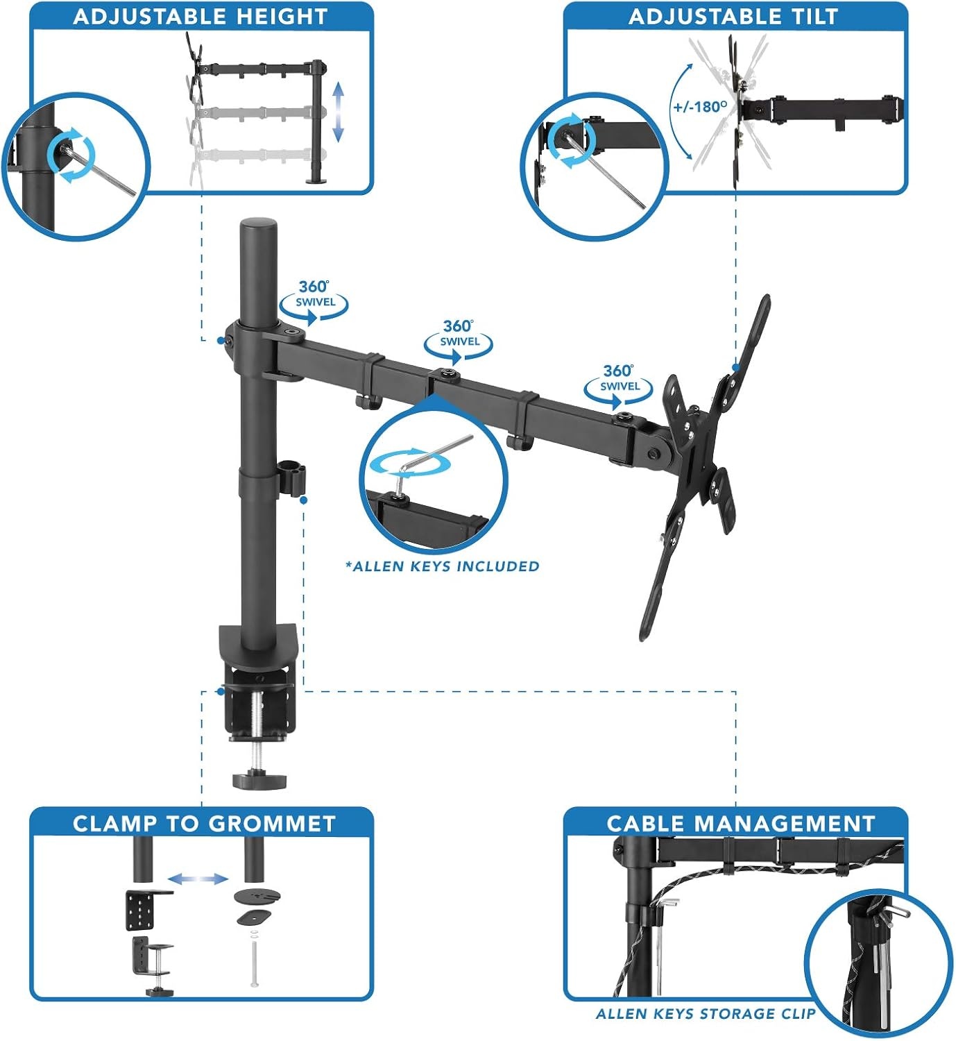 image:imageMountIt Large Monitor Desk Mount with VESA 200 200x200 200x100 Bolting Pattern Fits up to 42 Inch and Ultrawide Monitors Full Motion with Clamp and Grommet Base