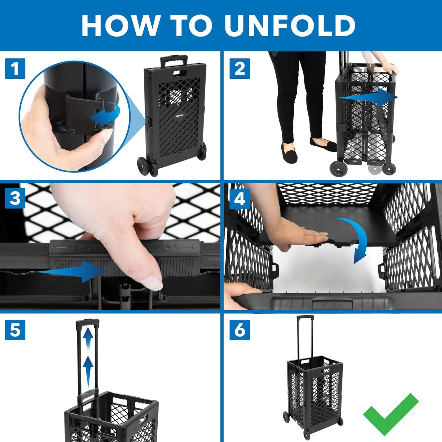 image:imageMountIt Mesh Rolling Utility Cart Folding and Collapsible Hand Crate on Wheels 55 Lbs Capacity Portable Handcart for Groceries Office Teacher and Travel Use