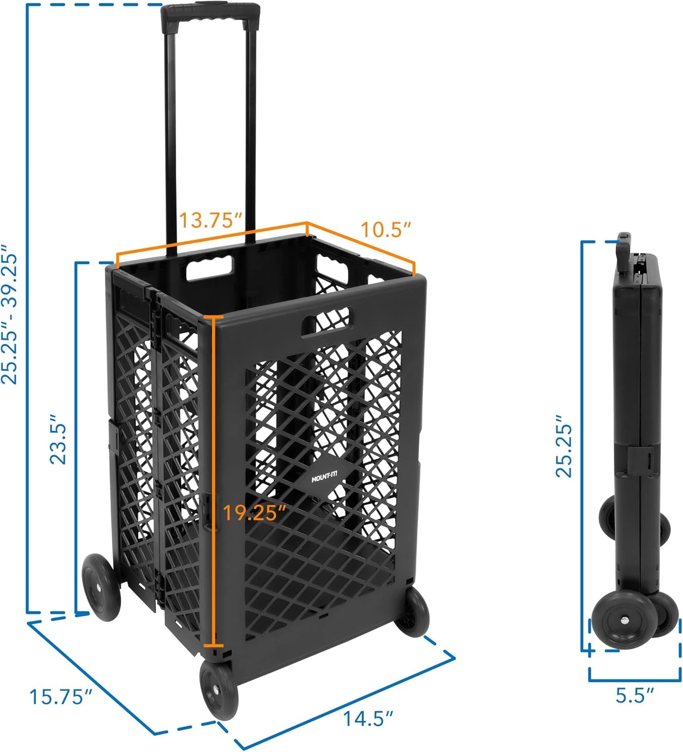 image:imageMountIt Mesh Rolling Utility Cart Folding and Collapsible Hand Crate on Wheels 55 Lbs Capacity Portable Handcart for Groceries Office Teacher and Travel Use