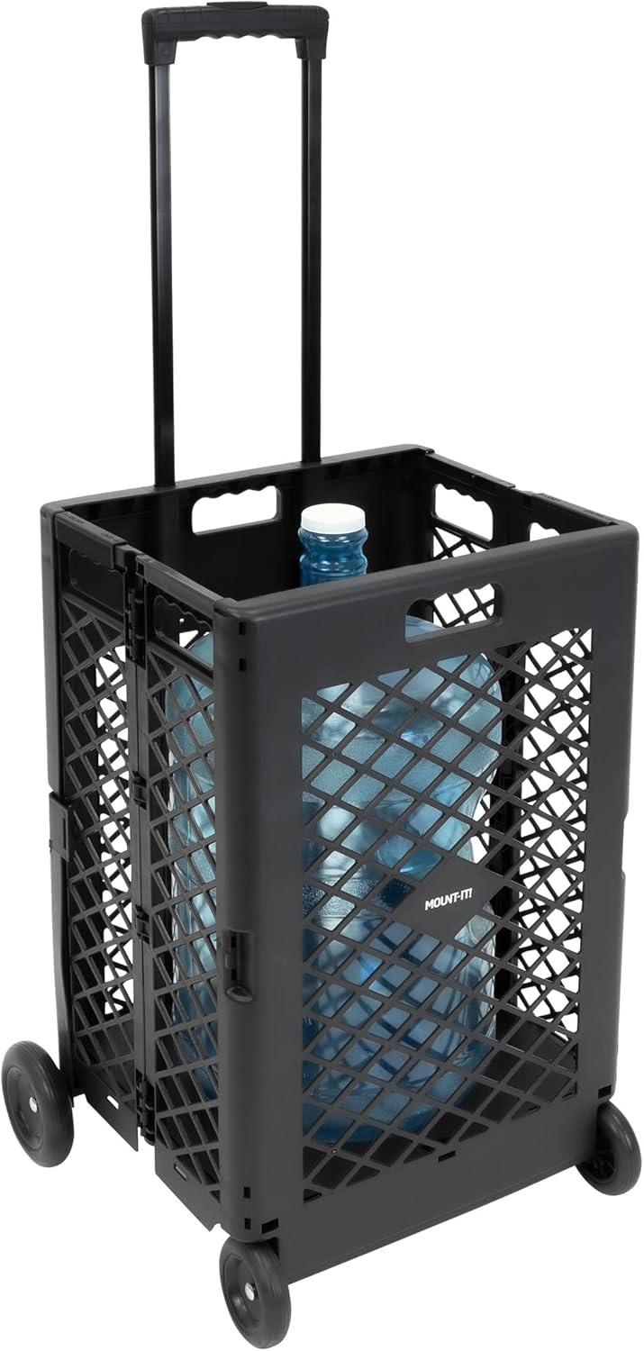 image:imageMountIt Mesh Rolling Utility Cart Folding and Collapsible Hand Crate on Wheels 55 Lbs Capacity Portable Handcart for Groceries Office Teacher and Travel Use