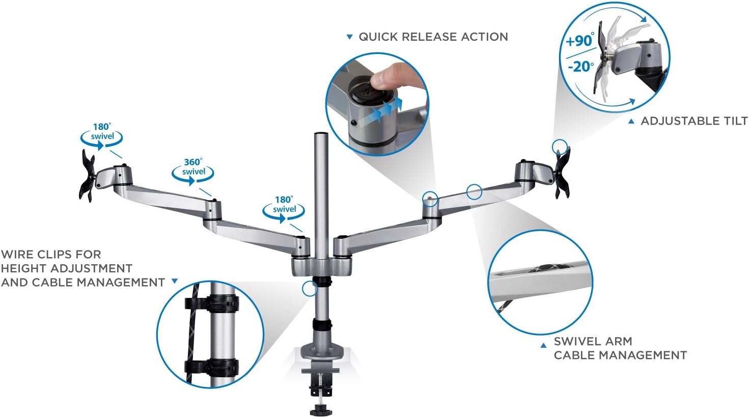 image:imageMountIt Premium Modular Dual Monitor Desk Mount Arms Tilt Swivel VESA Wall Mount Fits 13 15 17 19 215 24 27 Inch Computer Screens with 75 100 VESA Patterns CClamp and Grommet Bases Silver