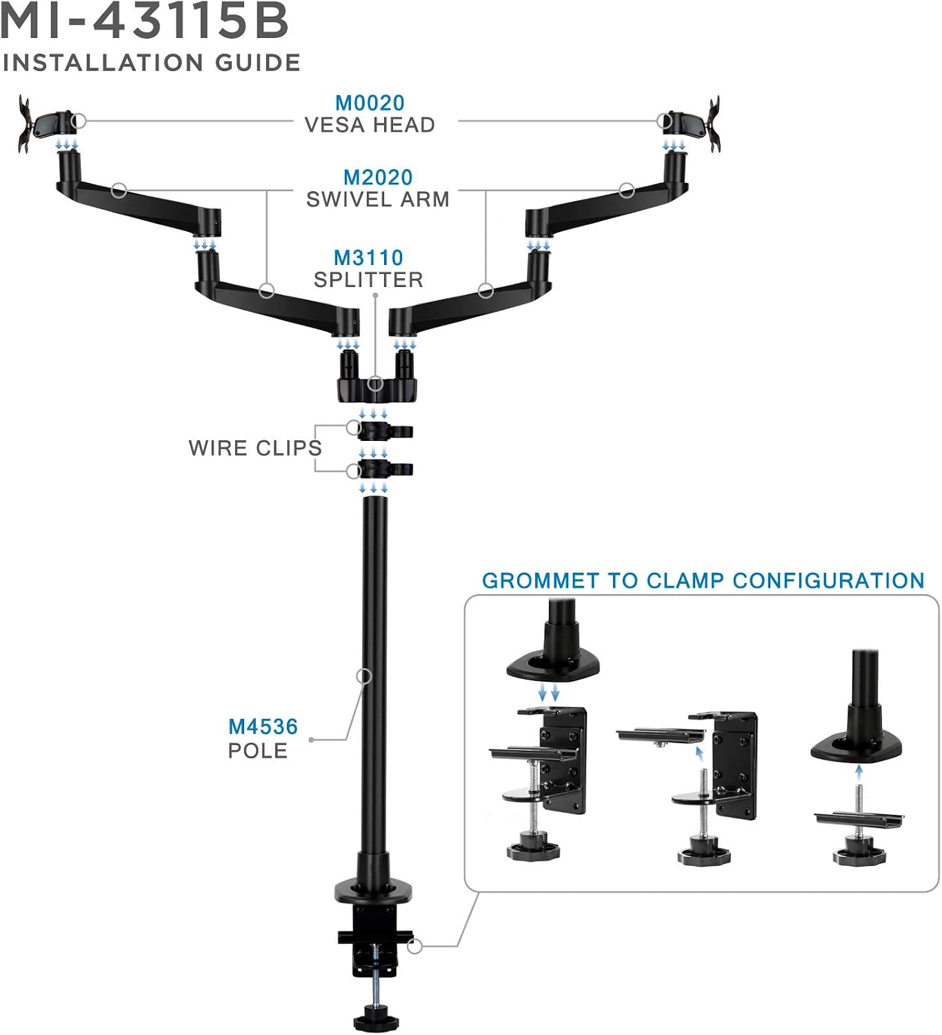 image:imageMountIt Premium Modular Dual Monitor Desk Mount Arms Tilt Swivel VESA Wall Mount Fits 13 15 17 19 215 24 27 Inch Computer Screens with 75 100 VESA Patterns CClamp and Grommet Bases Black