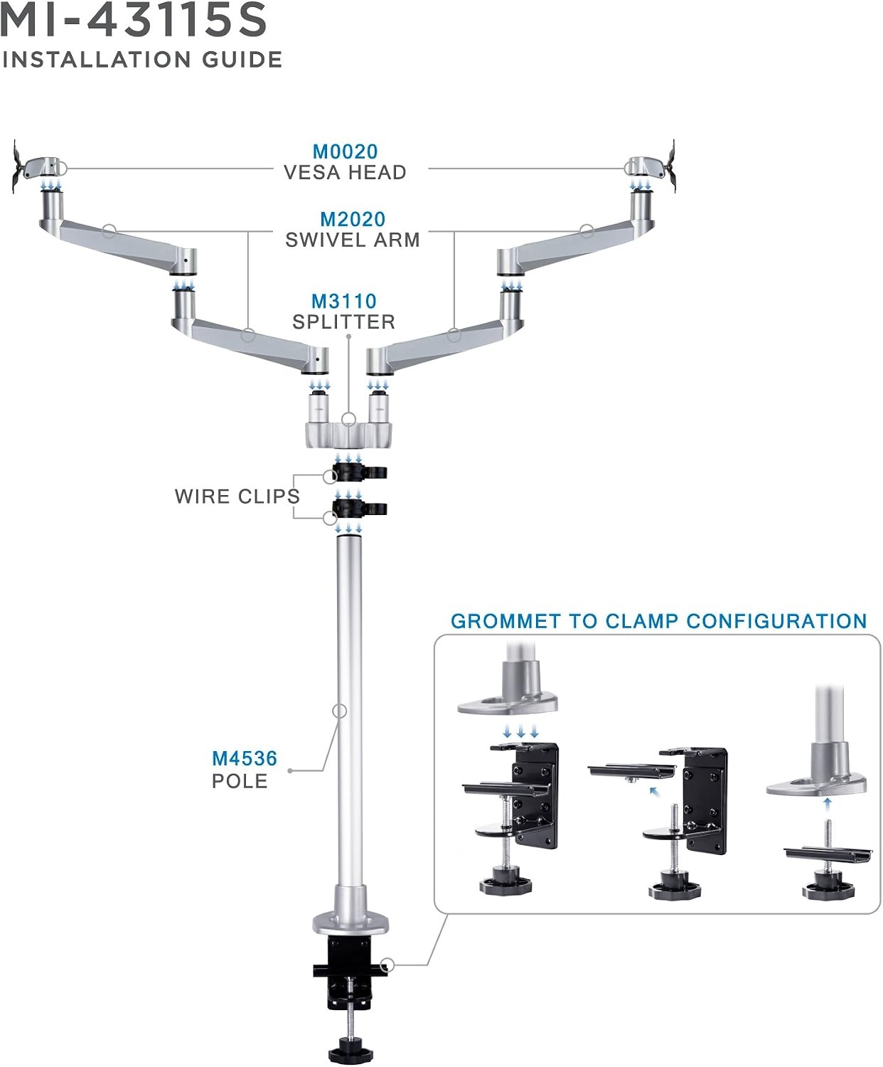 image:imageMountIt Premium Modular Dual Monitor Desk Mount Arms Tilt Swivel VESA Wall Mount Fits 13 15 17 19 215 24 27 Inch Computer Screens with 75 100 VESA Patterns CClamp and Grommet Bases Silver