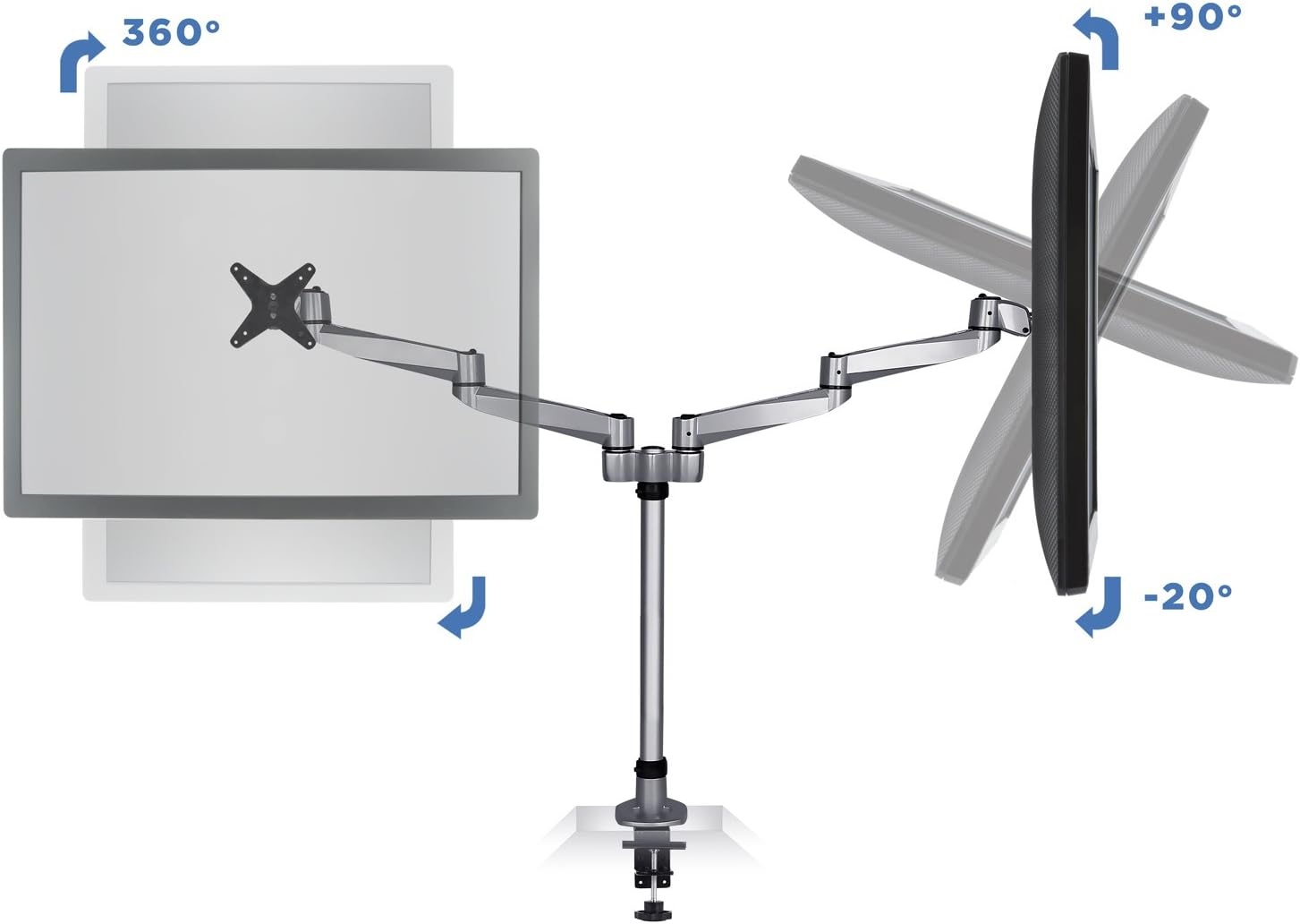 image:imageMountIt Premium Modular Dual Monitor Desk Mount Arms Tilt Swivel VESA Wall Mount Fits 13 15 17 19 215 24 27 Inch Computer Screens with 75 100 VESA Patterns CClamp and Grommet Bases Silver