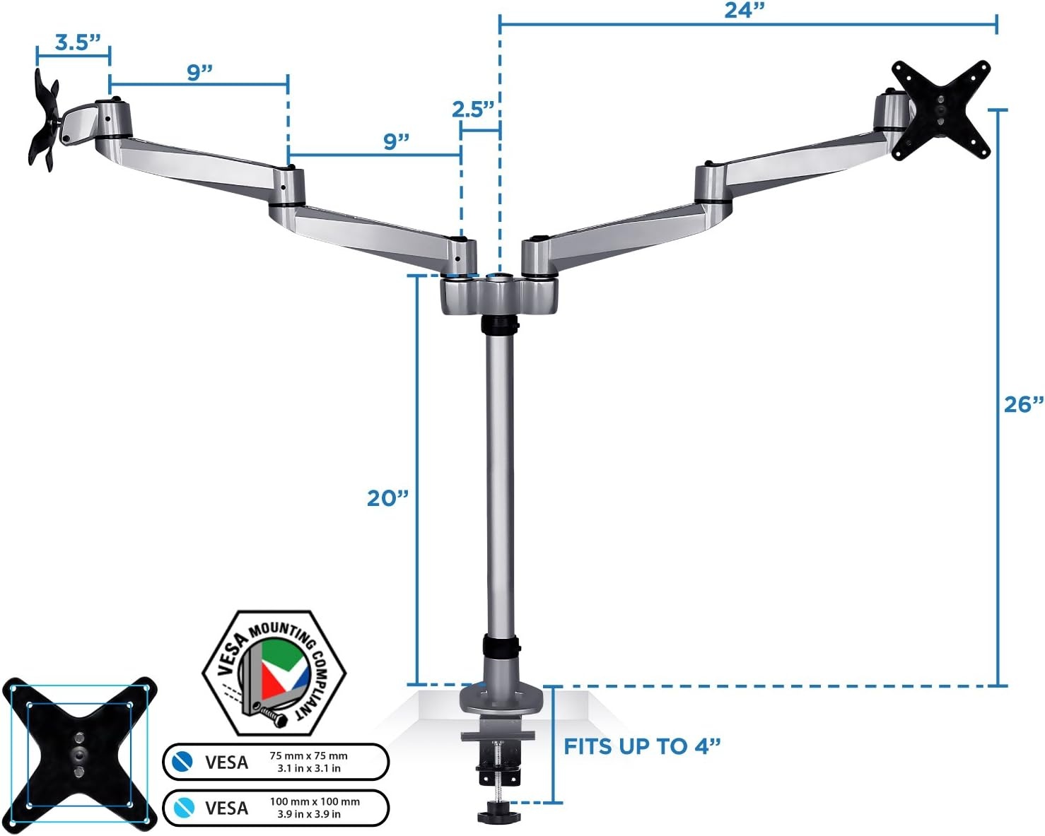image:imageMountIt Premium Modular Dual Monitor Desk Mount Arms Tilt Swivel VESA Wall Mount Fits 13 15 17 19 215 24 27 Inch Computer Screens with 75 100 VESA Patterns CClamp and Grommet Bases Silver