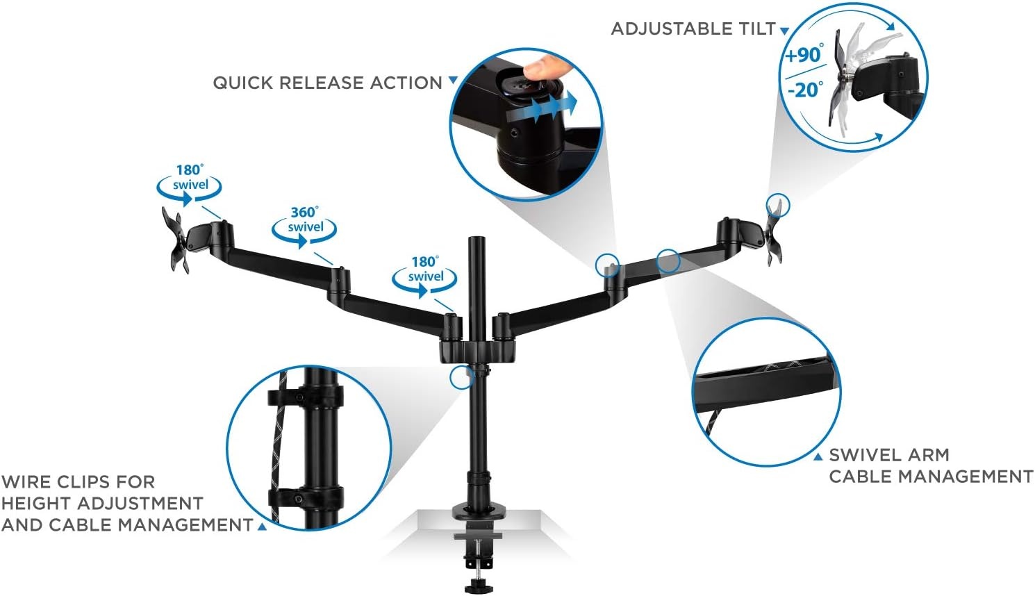 image:imageMountIt Premium Modular Dual Monitor Desk Mount Arms Tilt Swivel VESA Wall Mount Fits 13 15 17 19 215 24 27 Inch Computer Screens with 75 100 VESA Patterns CClamp and Grommet Bases Black