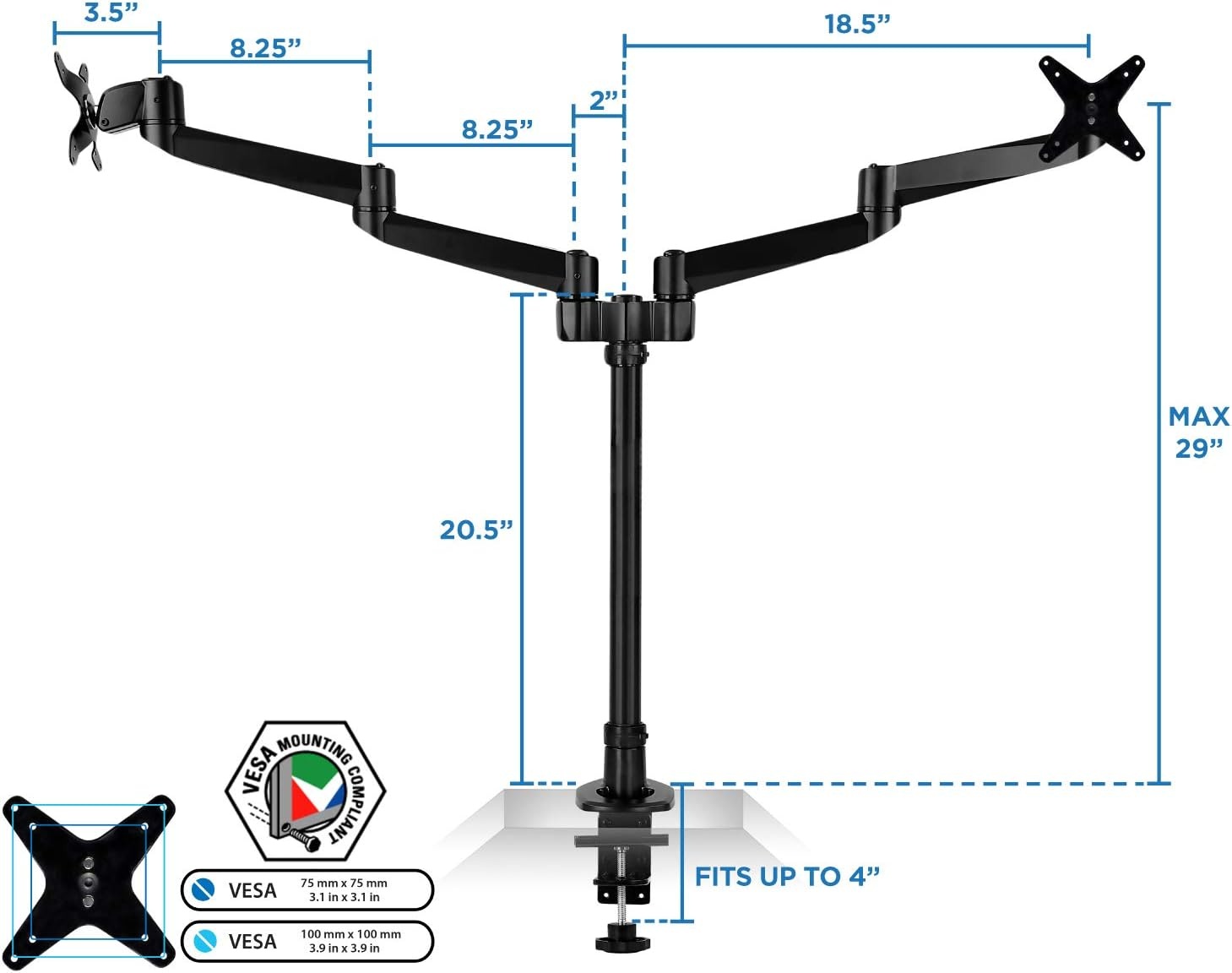 image:imageMountIt Premium Modular Dual Monitor Desk Mount Arms Tilt Swivel VESA Wall Mount Fits 13 15 17 19 215 24 27 Inch Computer Screens with 75 100 VESA Patterns CClamp and Grommet Bases Black