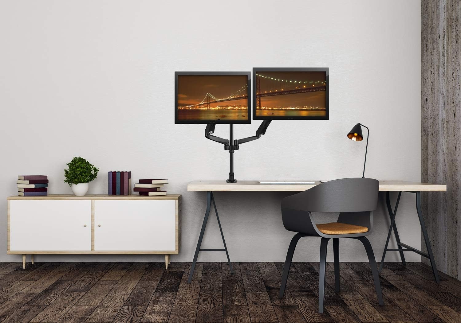 image:imageMountIt Premium Modular Dual Monitor Desk Mount Arms Stand Double Gas Spring Arms Fits 19 215 24 27 32 Inch Computer Screens with 75 100 VESA Patterns CClamp and Grommet Bases Black