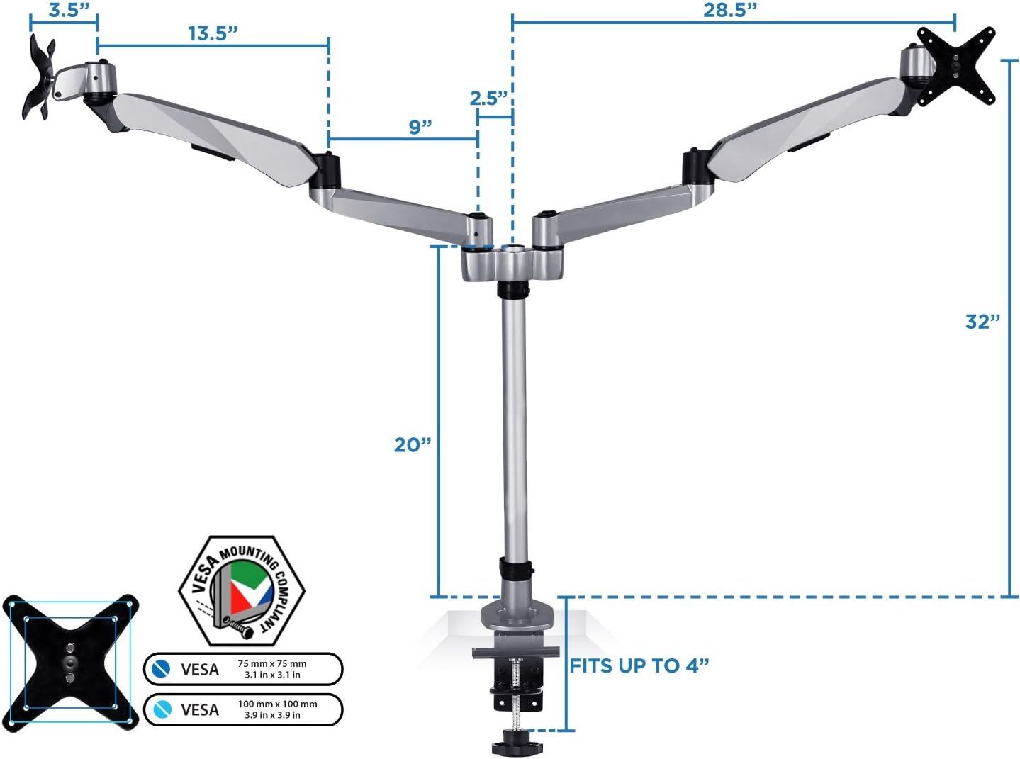 image:imageMountIt Premium Modular Dual Monitor Desk Mount Arms Stand Double Gas Spring Arms Fits 19 215 24 27 32 Inch Computer Screens with 75 100 VESA Patterns CClamp and Grommet Bases Silver