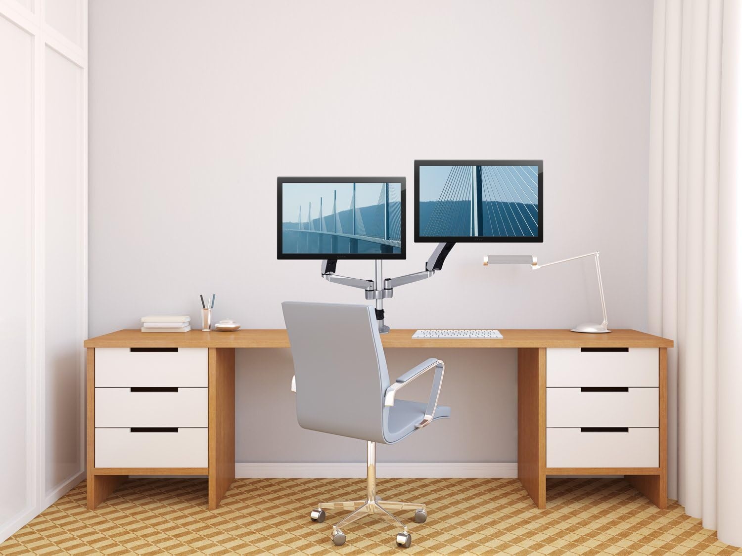 image:imageMountIt Premium Modular Dual Monitor Desk Mount Arms Stand Double Gas Spring Arms Fits 19 215 24 27 32 Inch Computer Screens with 75 100 VESA Patterns CClamp and Grommet Bases Silver