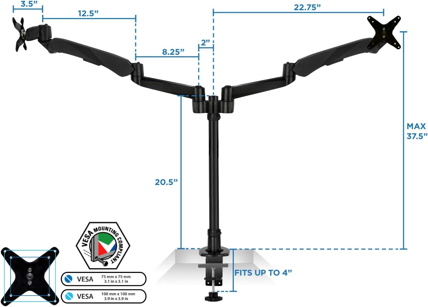 image:imageMountIt Premium Modular Dual Monitor Desk Mount Arms Stand Double Gas Spring Arms Fits 19 215 24 27 32 Inch Computer Screens with 75 100 VESA Patterns CClamp and Grommet Bases Black