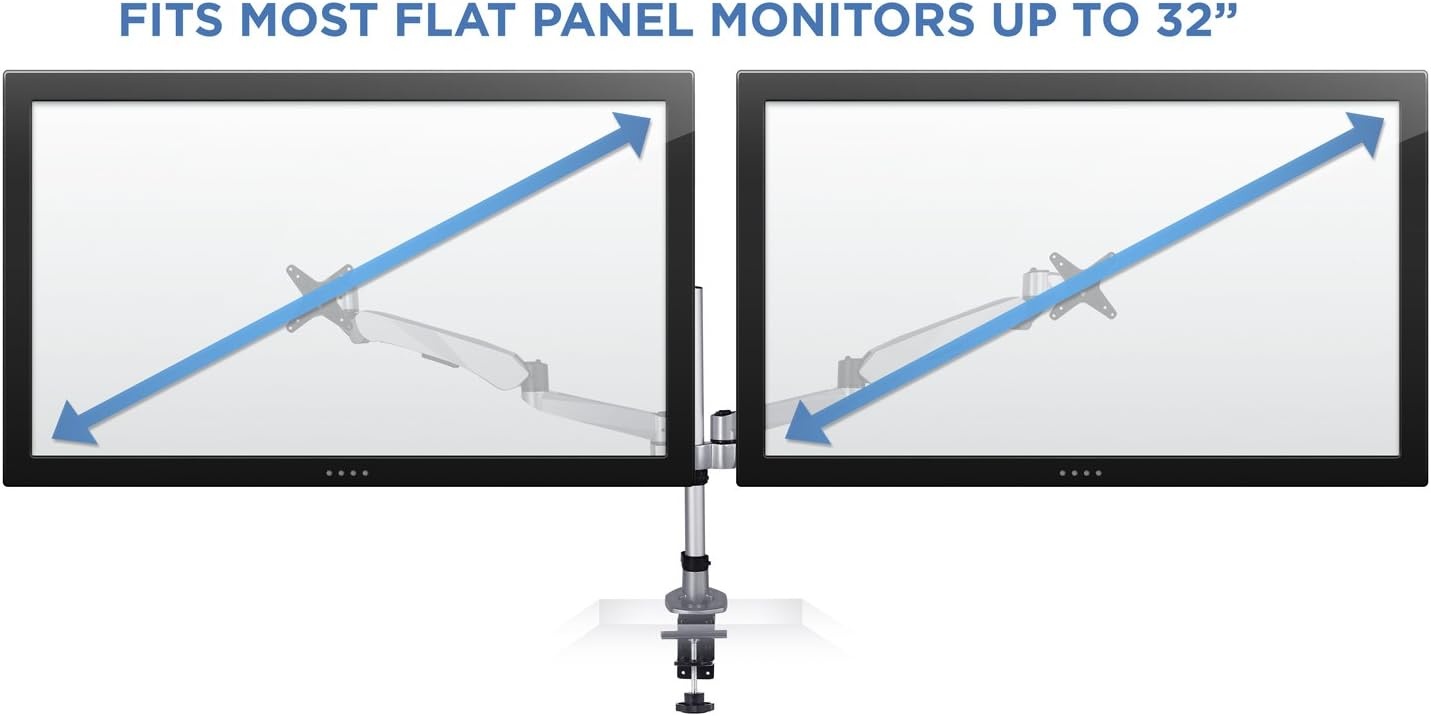 image:imageMountIt Premium Modular Dual Monitor Desk Mount Arms Stand Double Gas Spring Arms Fits 19 215 24 27 32 Inch Computer Screens with 75 100 VESA Patterns CClamp and Grommet Bases Silver