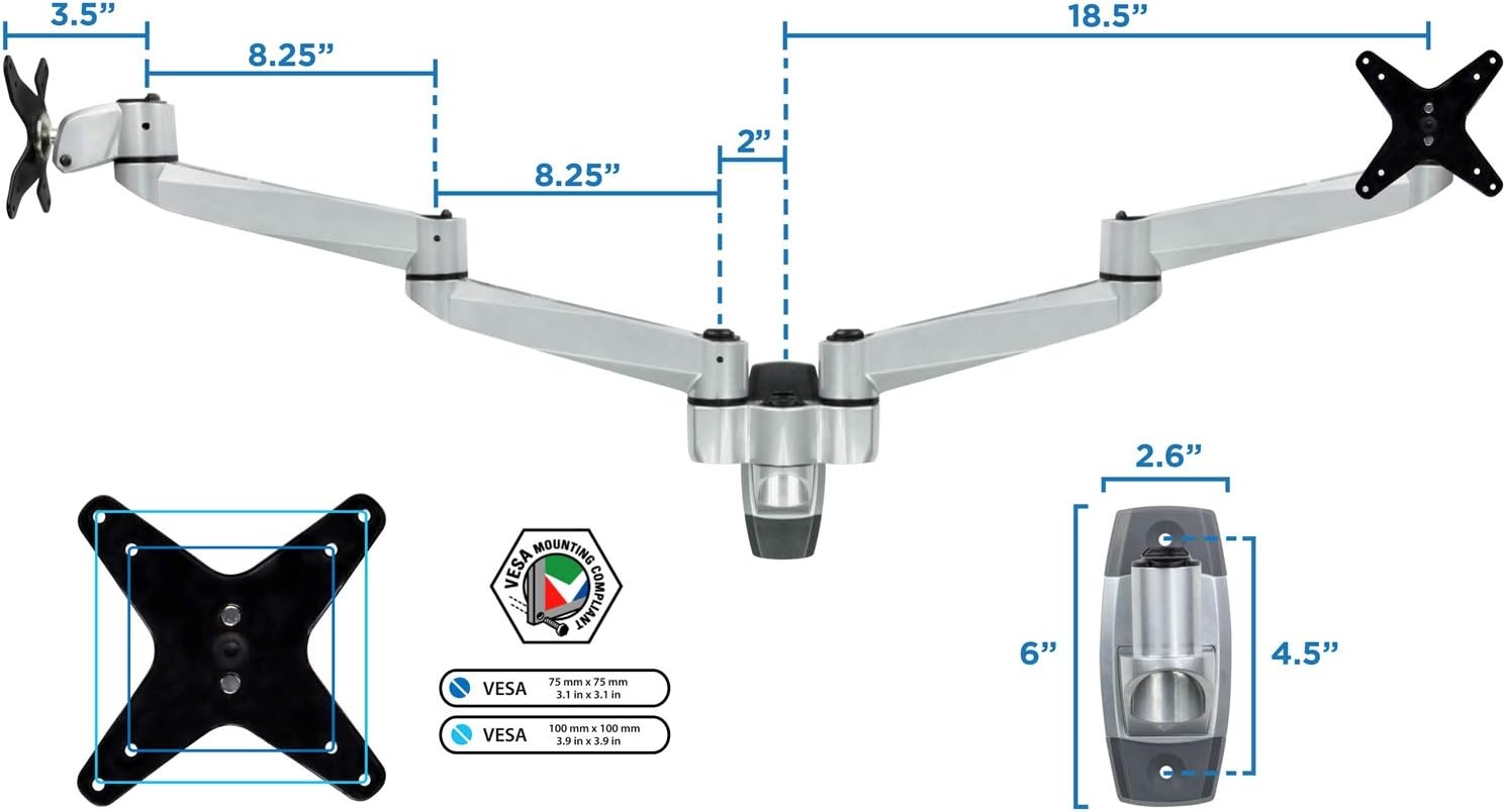 image:imageMountIt Premium Modular Dual Monitor Wall Mount Arms Tilt Swivel VESA Wall Mount Fits 13 15 17 19 215 24 27 Inch Computer Screens with 75 100 VESA Patterns Silver