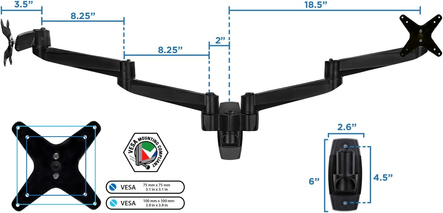 image:imageMountIt Premium Modular Dual Monitor Wall Mount Arms Tilt Swivel VESA Wall Mount Fits 13 15 17 19 215 24 27 Inch Computer Screens with 75 100 VESA Patterns Black