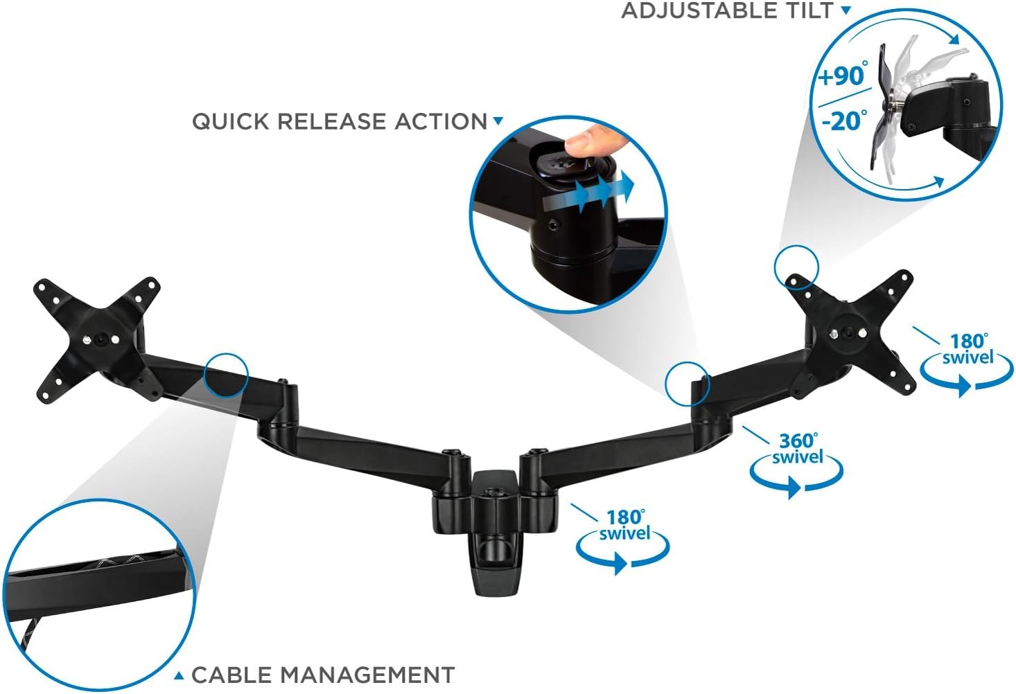 image:imageMountIt Premium Modular Dual Monitor Wall Mount Arms Tilt Swivel VESA Wall Mount Fits 13 15 17 19 215 24 27 Inch Computer Screens with 75 100 VESA Patterns Black