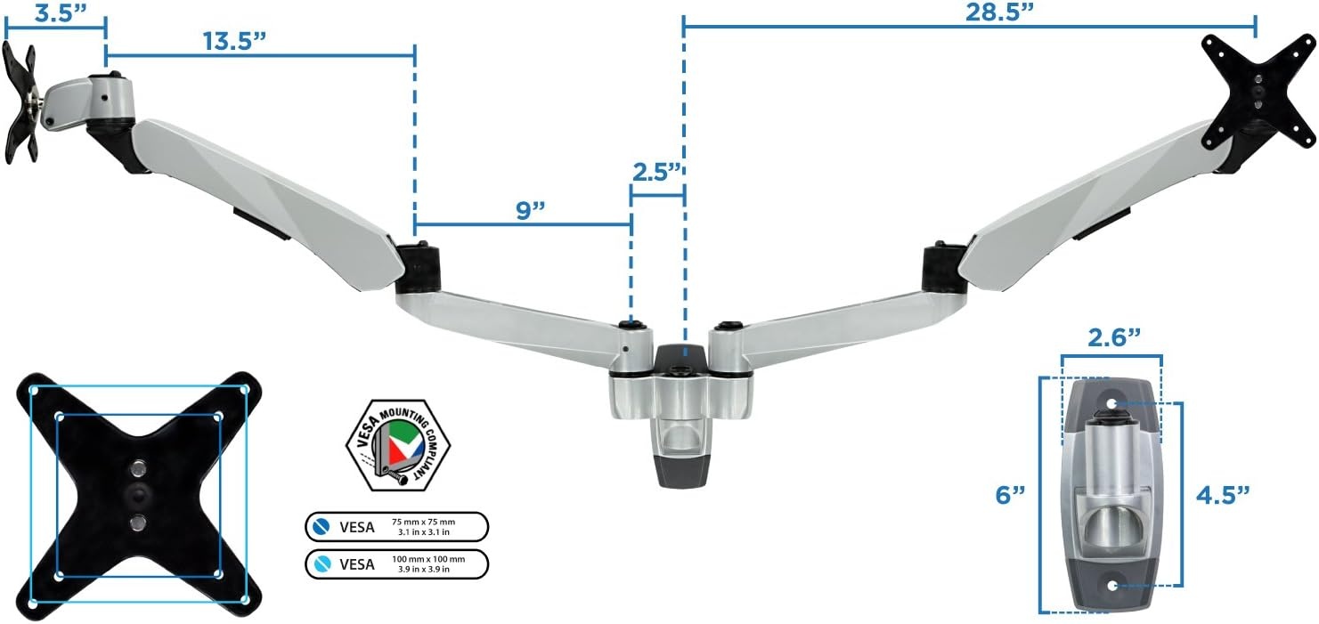 image:imageMountIt Premium Modular Dual Monitor Wall Mount Arms VESA Wall Mount Full Motion Gas Spring Arm Fits 17 19 215 24 27 32 Inch Computer Screens with 75 100 VESA Patterns 198 Pound Capacity