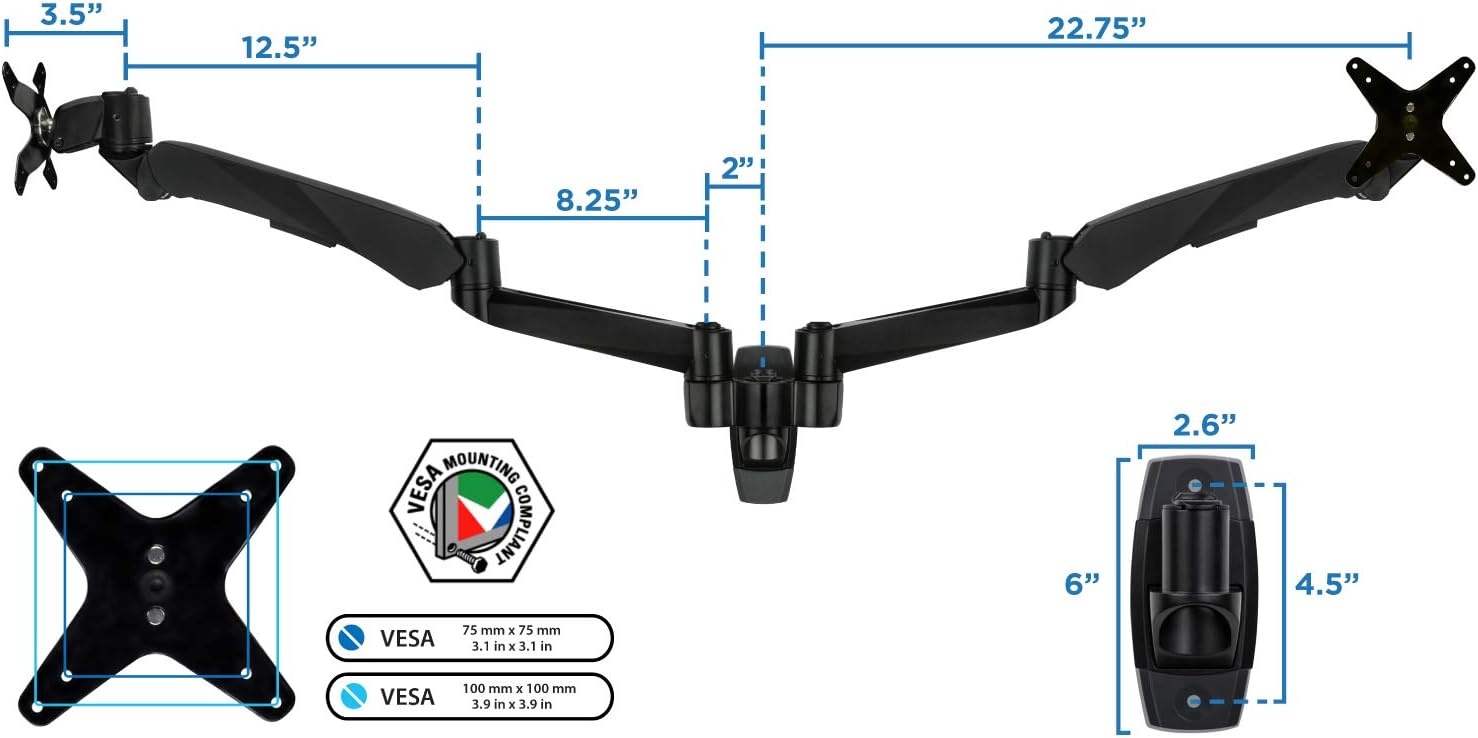 image:imageMountIt Premium Modular Dual Monitor Wall Mount Arms VESA Wall Mount Full Motion Gas Spring Arm Fits 17 19 215 24 27 32 Inch Computer Screens with 75 100 VESA Patterns Black