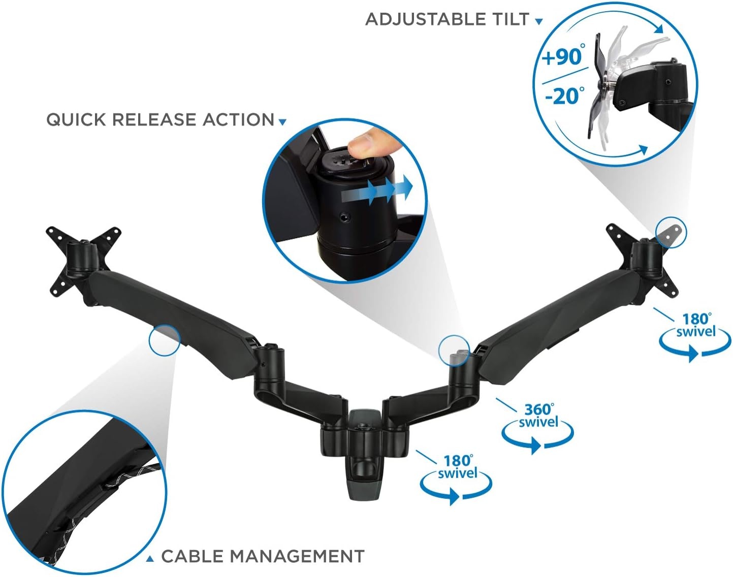 image:imageMountIt Premium Modular Dual Monitor Wall Mount Arms VESA Wall Mount Full Motion Gas Spring Arm Fits 17 19 215 24 27 32 Inch Computer Screens with 75 100 VESA Patterns Black