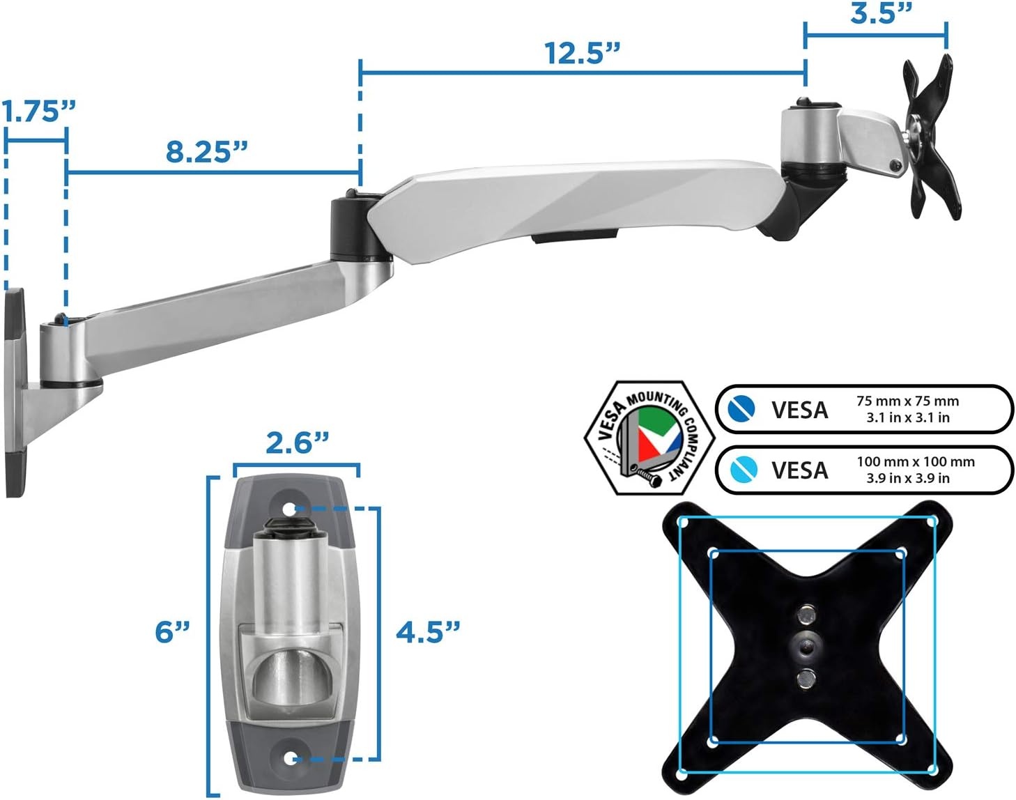 image:imageMountIt Premium Modular TV Monitor Wall Mount Arm VESA Wall Mount Full Motion Gas Spring Arm Fits 13 15 17 19 215 24 27 32 Inch Computer Screens with 75 100 VESA Patterns 198 Pound Capacity