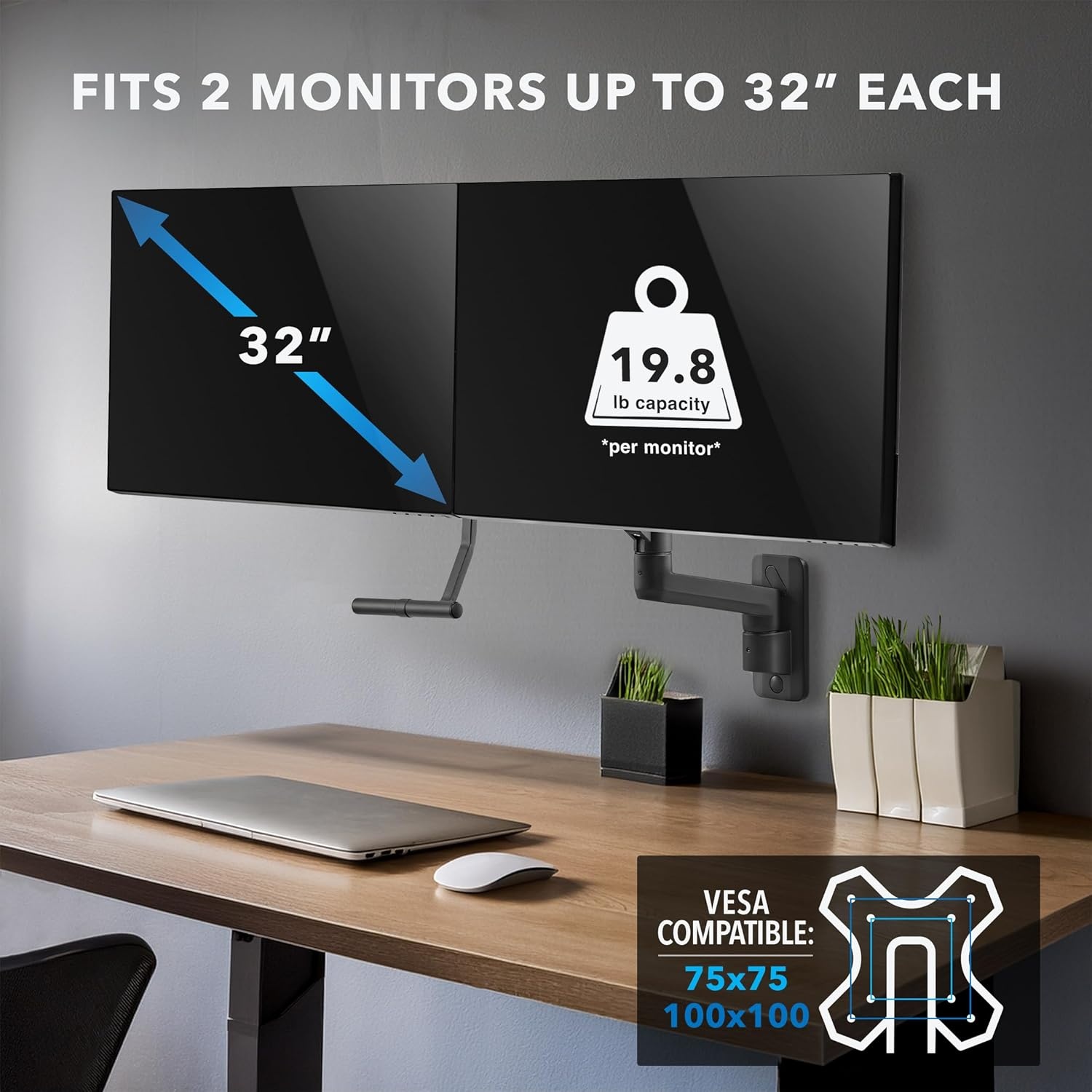 image:imageMountIt Proflex Dual Monitor Wall Mount Gas Spring Arm with Crossbar Fits 1732 Screens up to 198 lb Each Height Adjustable Full Motion Tilt Swivel Rotate VESA 75 100 mm Premium Setup