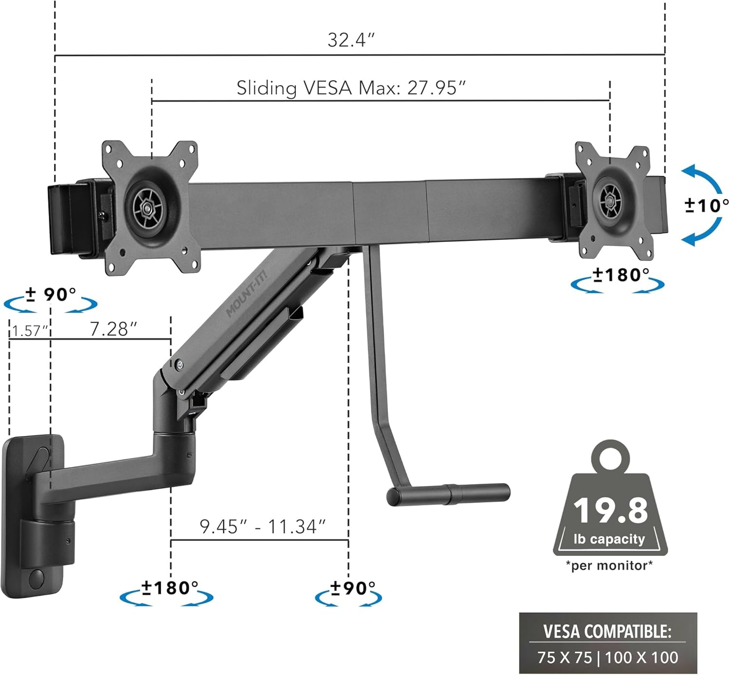 image:imageMountIt Proflex Dual Monitor Wall Mount Gas Spring Arm with Crossbar Fits 1732 Screens up to 198 lb Each Height Adjustable Full Motion Tilt Swivel Rotate VESA 75 100 mm Premium Setup