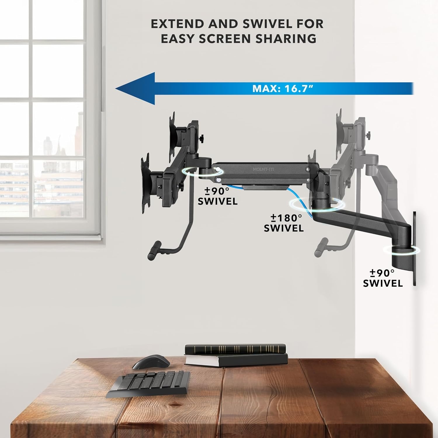 image:imageMountIt Proflex Dual Monitor Wall Mount Gas Spring Arm with Crossbar Fits 1732 Screens up to 198 lb Each Height Adjustable Full Motion Tilt Swivel Rotate VESA 75 100 mm Premium Setup