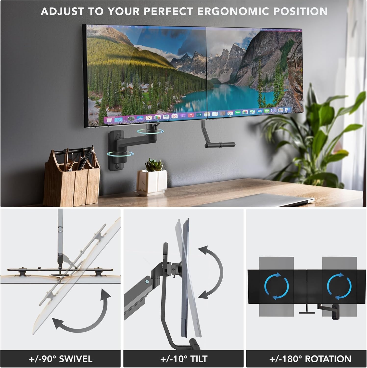 image:imageMountIt Proflex Dual Monitor Wall Mount Gas Spring Arm with Crossbar Fits 1732 Screens up to 198 lb Each Height Adjustable Full Motion Tilt Swivel Rotate VESA 75 100 mm Premium Setup