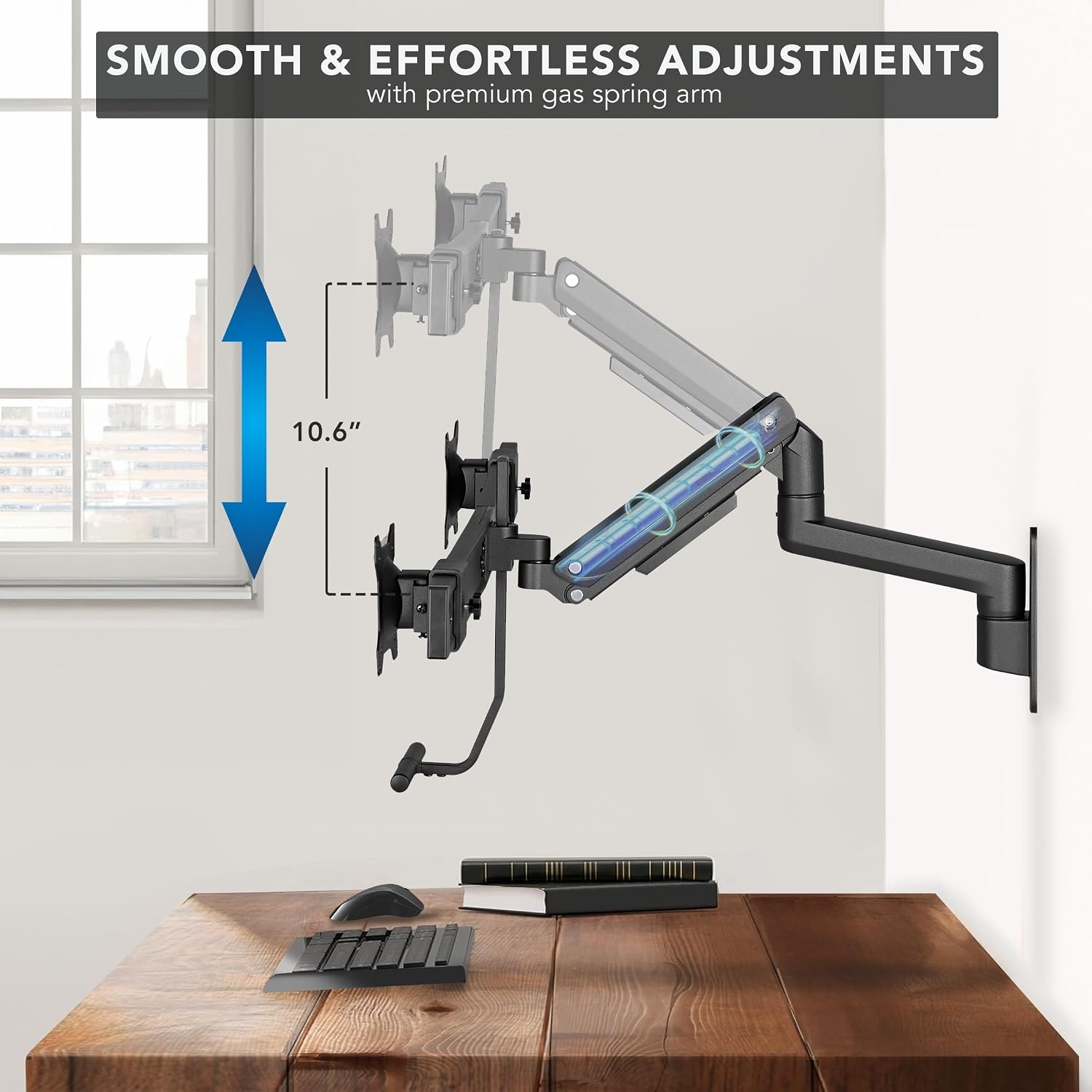 image:imageMountIt Proflex Dual Monitor Wall Mount Gas Spring Arm with Crossbar Fits 1732 Screens up to 198 lb Each Height Adjustable Full Motion Tilt Swivel Rotate VESA 75 100 mm Premium Setup