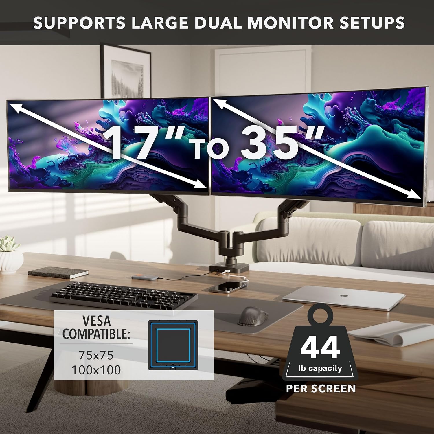 image:imageMountIt Proflex Series HeavyDuty Dual Monitor Arm for 1735 Screens Gas Spring Full Motion USBC amp USB 30 Ports VESA 75100 Fits Ultrawide amp Curved Displays Clamp or Grommet Base