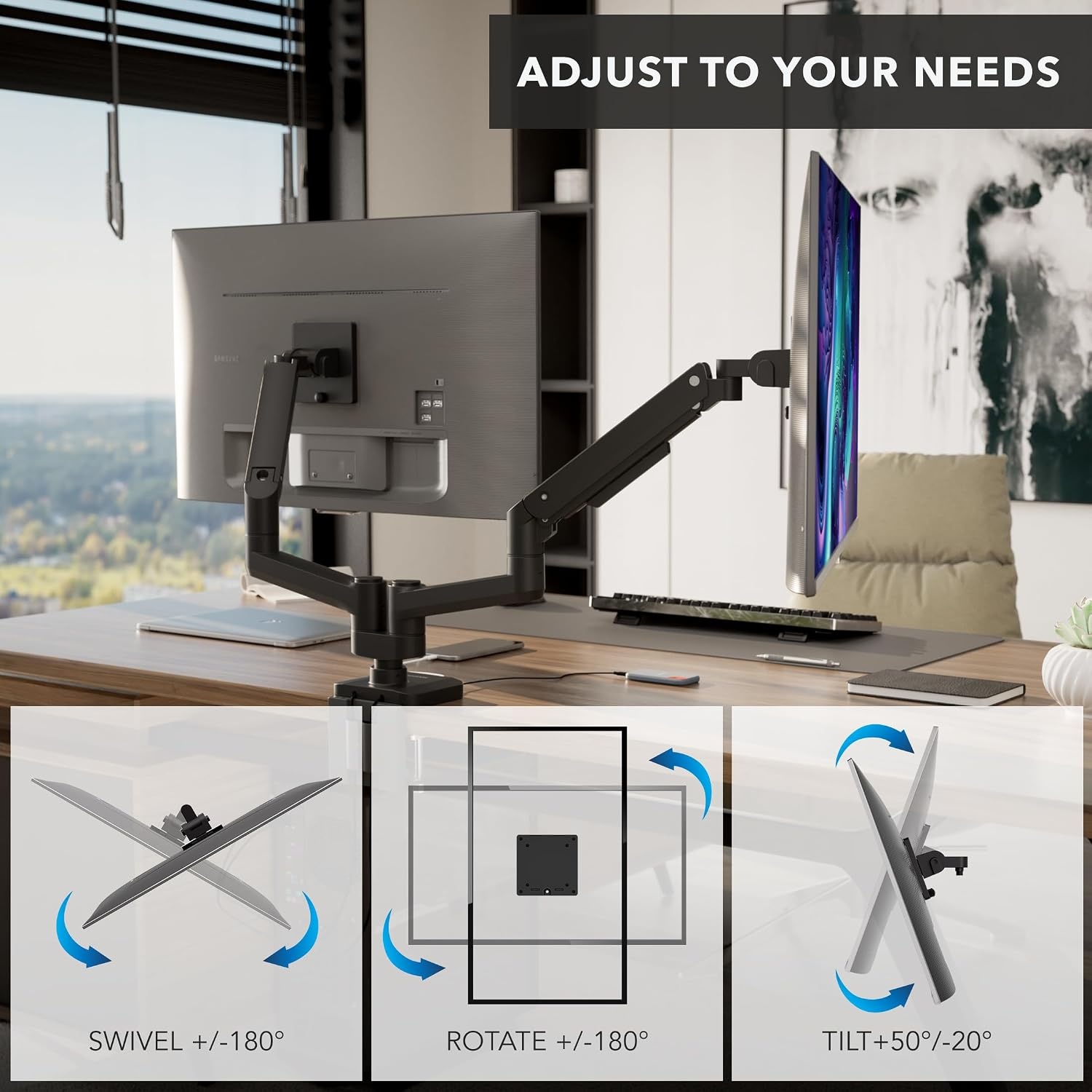 image:imageMountIt Proflex Series HeavyDuty Dual Monitor Arm for 1735 Screens Gas Spring Full Motion USBC amp USB 30 Ports VESA 75100 Fits Ultrawide amp Curved Displays Clamp or Grommet Base