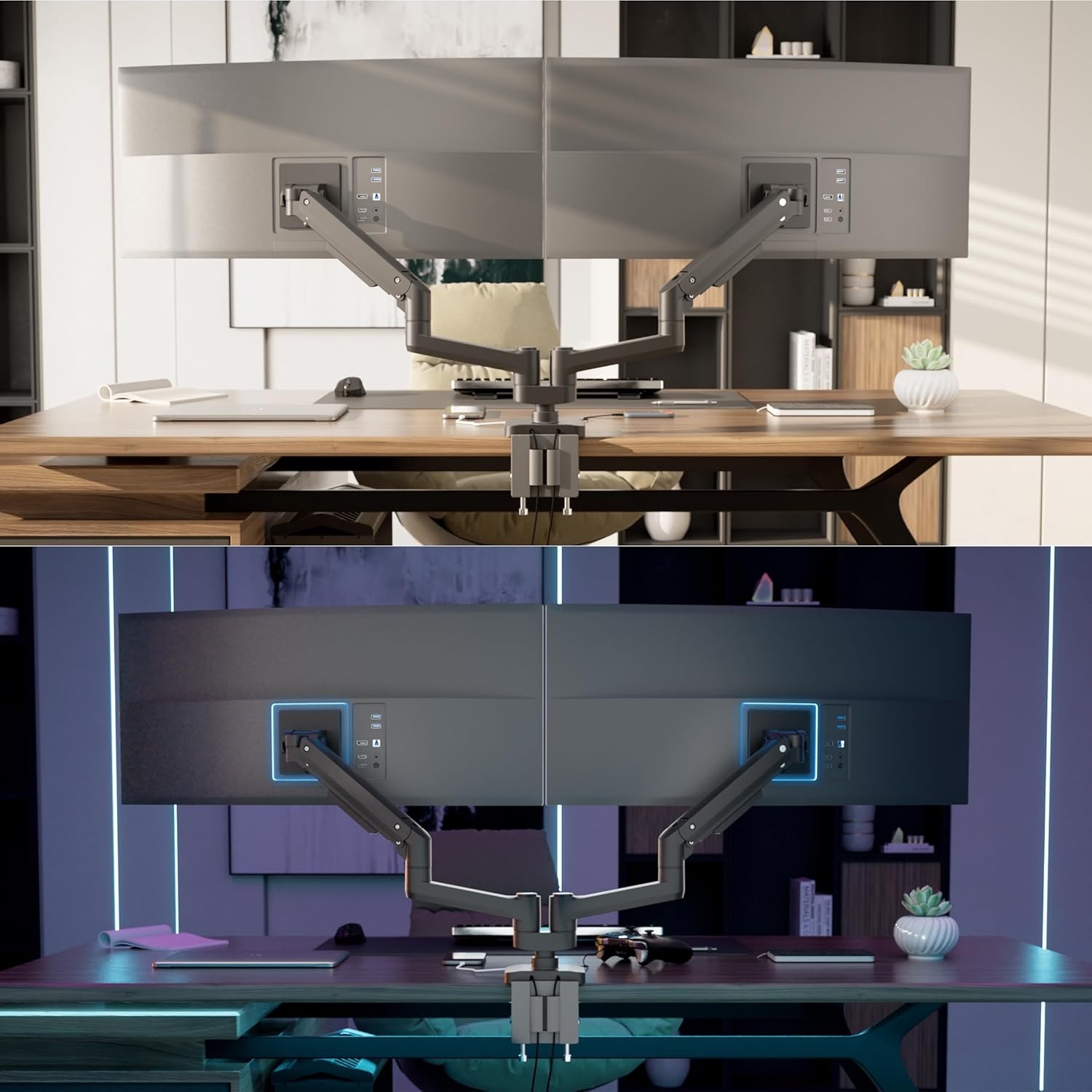 image:imageMountIt Proflex Series HeavyDuty Dual Monitor Arm for 1735 Screens Gas Spring Full Motion USBC amp USB 30 Ports VESA 75100 Fits Ultrawide amp Curved Displays Clamp or Grommet Base