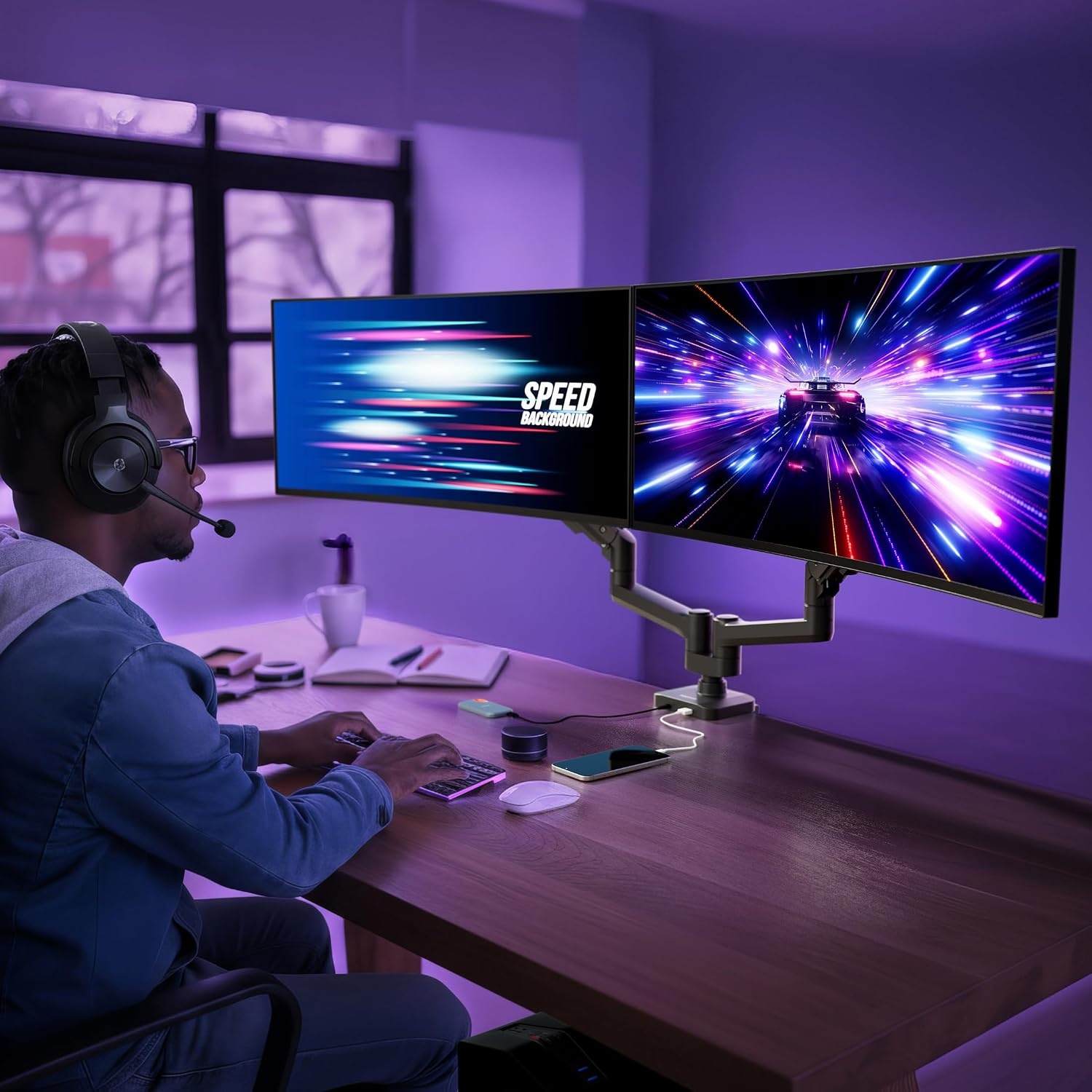 image:imageMountIt Proflex Series HeavyDuty Dual Monitor Arm for 1735 Screens Gas Spring Full Motion USBC amp USB 30 Ports VESA 75100 Fits Ultrawide amp Curved Displays Clamp or Grommet Base
