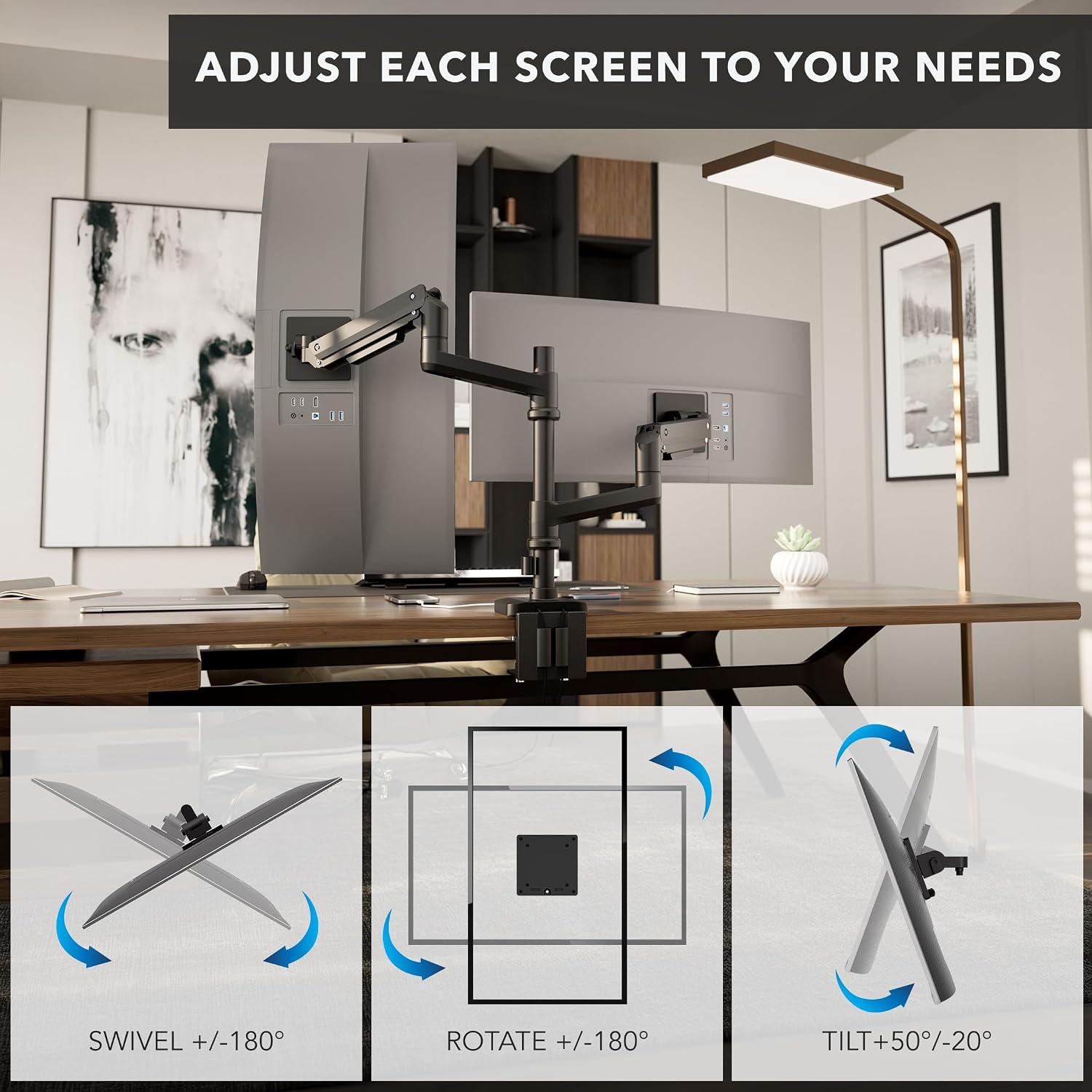 image:imageMountIt Proflex Series Stacking Dual Ultrawide Monitor Arm for 1749 Screens HeightAdjustable Pole Heavy Duty Gas Spring USBC amp USB 30 Full Motion VESA 75100 Clamp or Grommet