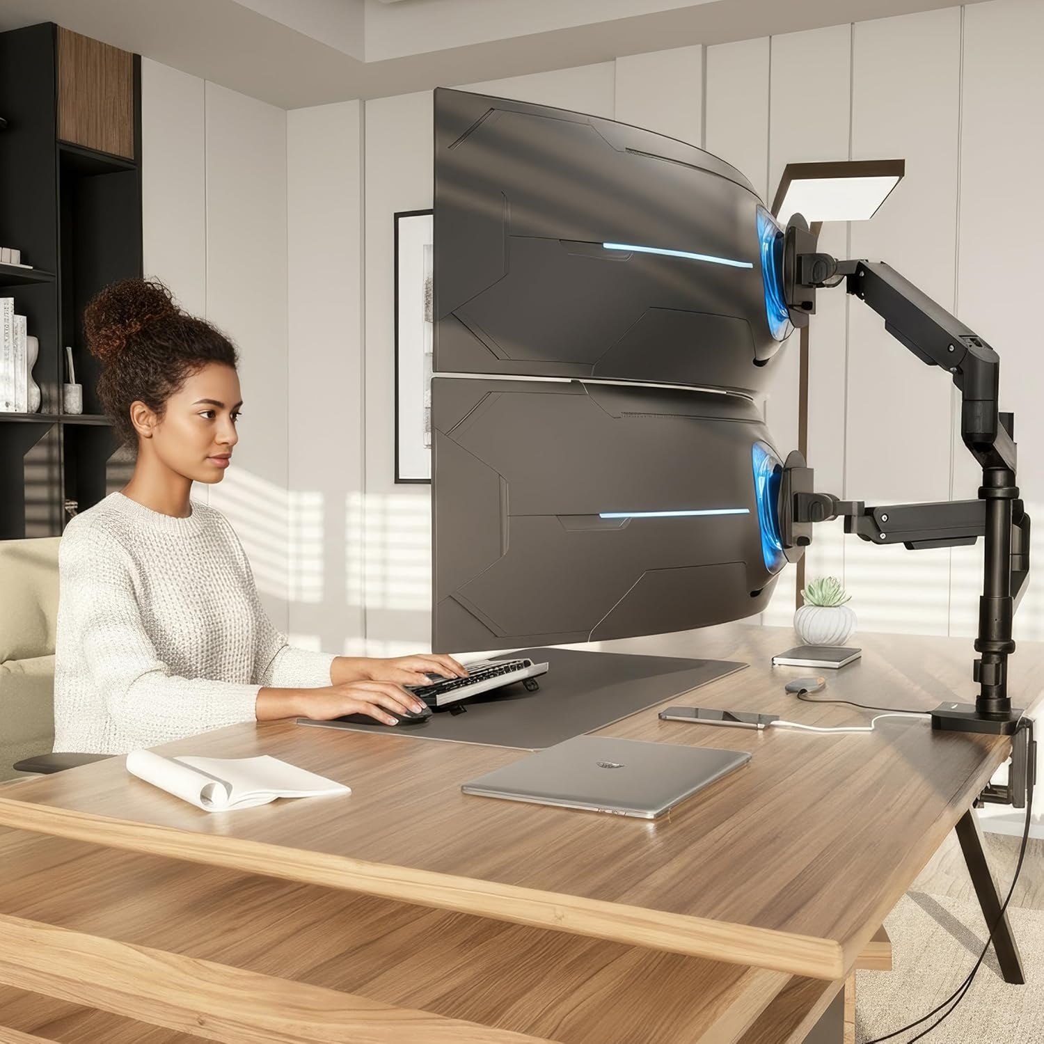 image:imageMountIt Proflex Series Stacking Dual Ultrawide Monitor Arm for 1749 Screens HeightAdjustable Pole Heavy Duty Gas Spring USBC amp USB 30 Full Motion VESA 75100 Clamp or Grommet