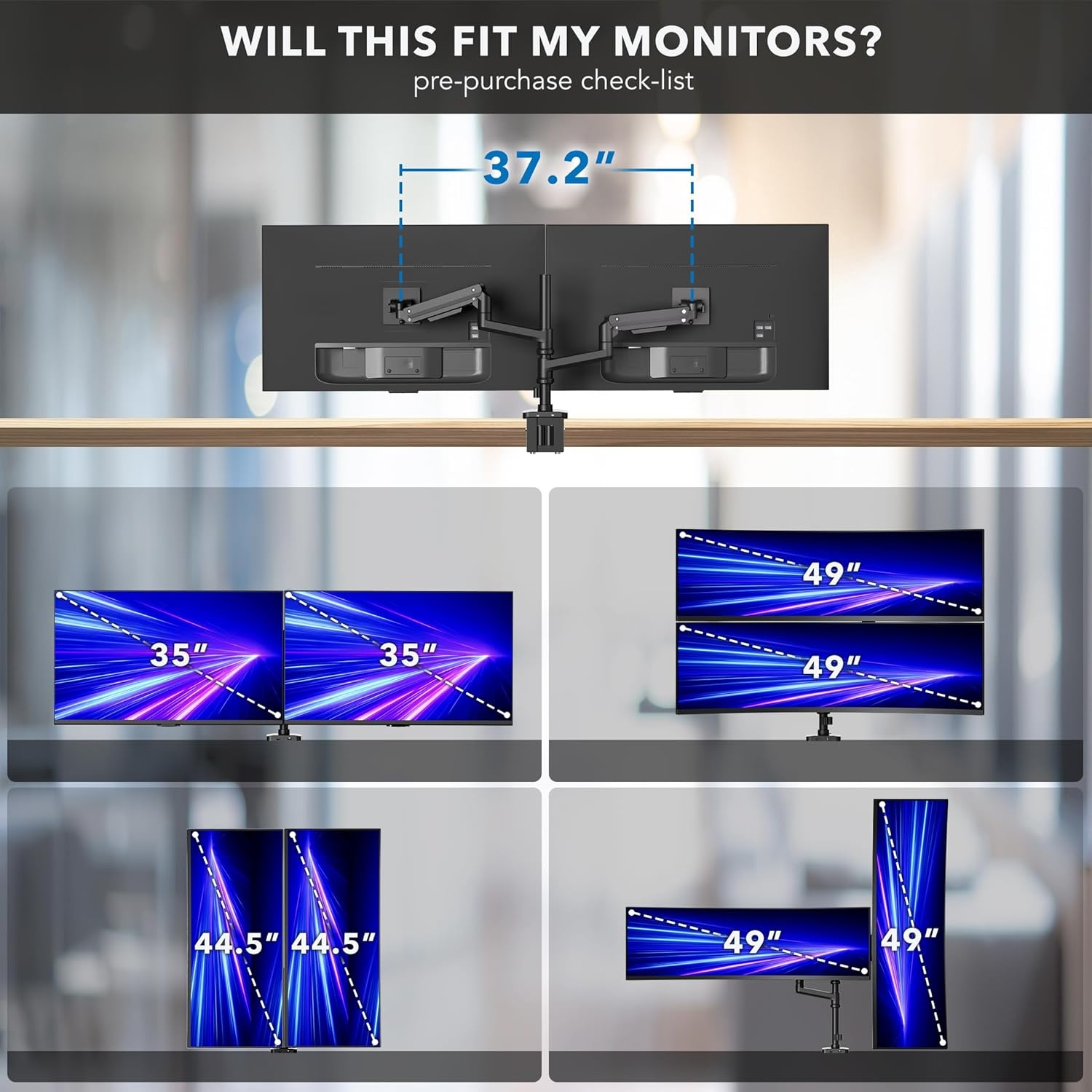 image:imageMountIt Proflex Series Stacking Dual Ultrawide Monitor Arm for 1749 Screens HeightAdjustable Pole Heavy Duty Gas Spring USBC amp USB 30 Full Motion VESA 75100 Clamp or Grommet