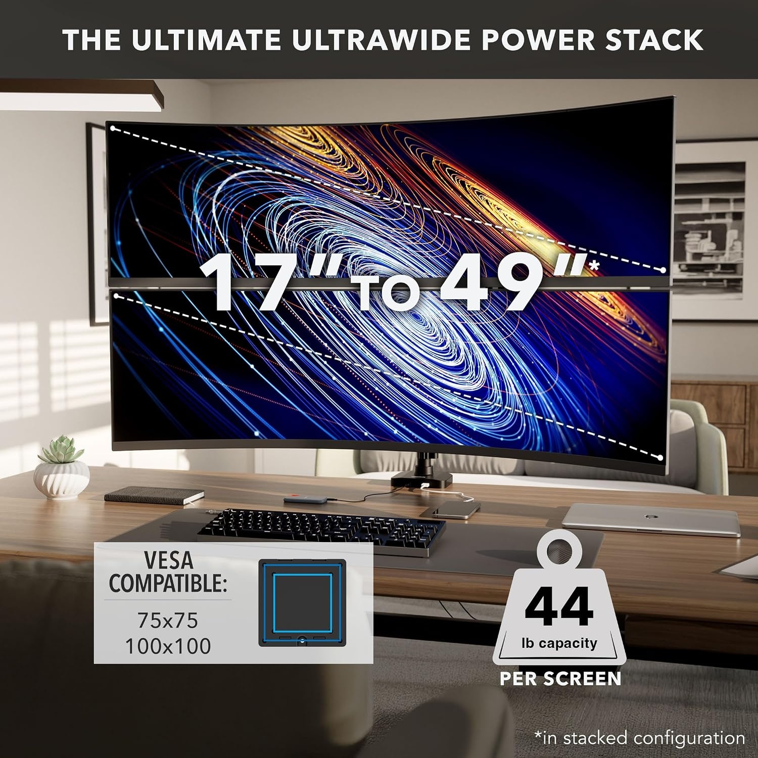 image:imageMountIt Proflex Series Stacking Dual Ultrawide Monitor Arm for 1749 Screens HeightAdjustable Pole Heavy Duty Gas Spring USBC amp USB 30 Full Motion VESA 75100 Clamp or Grommet