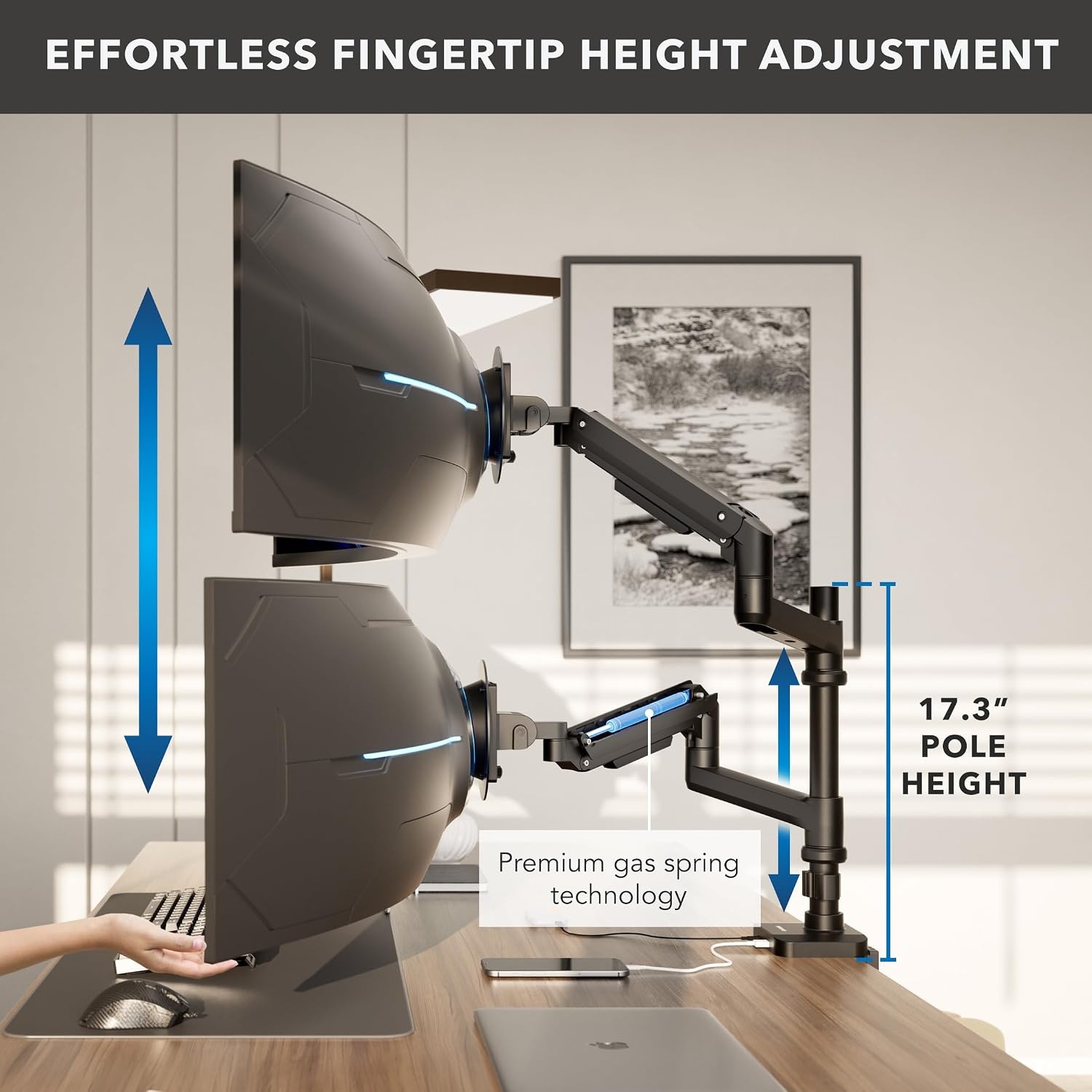image:imageMountIt Proflex Series Stacking Dual Ultrawide Monitor Arm for 1749 Screens HeightAdjustable Pole Heavy Duty Gas Spring USBC amp USB 30 Full Motion VESA 75100 Clamp or Grommet