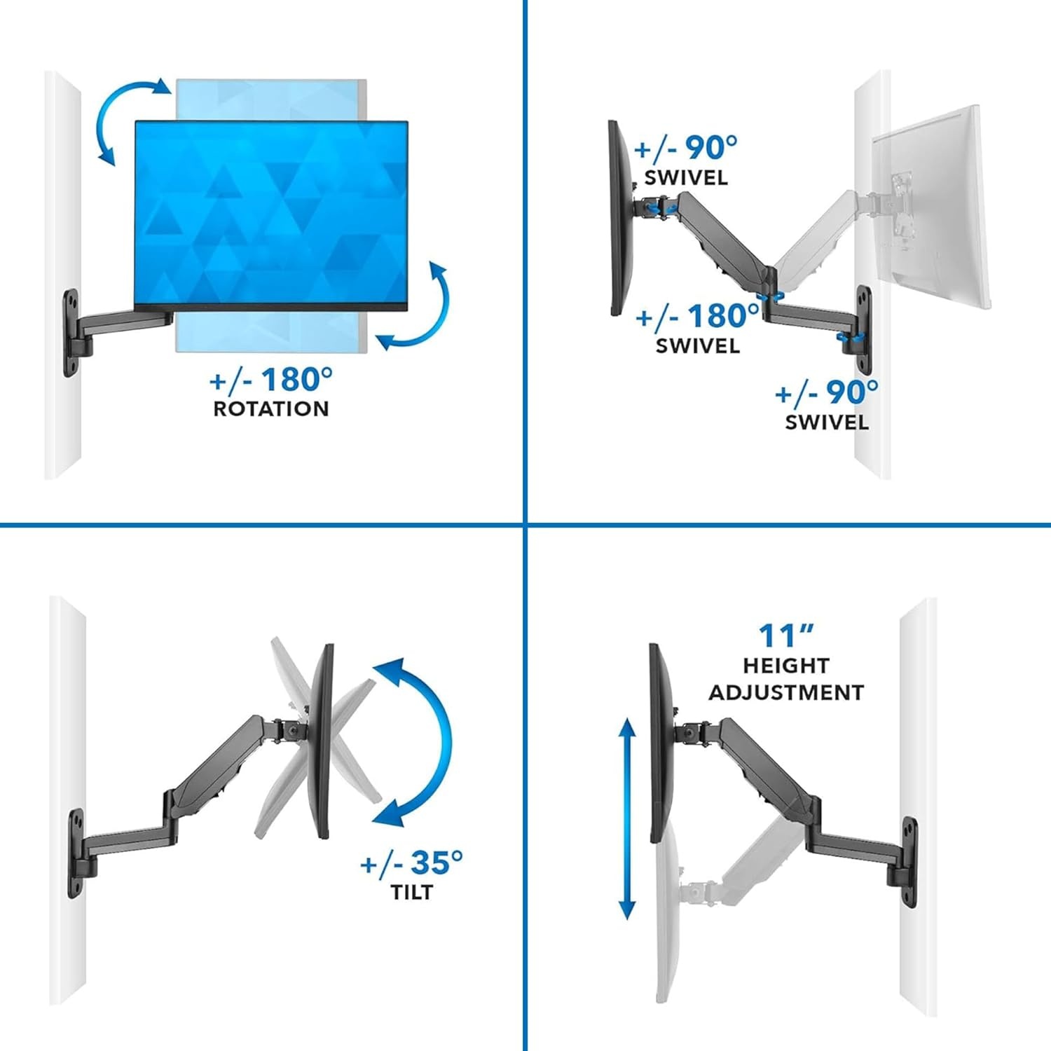 image:imageMountIt Single Computer Monitor Wall Mount Gas Spring Arm Full Motion Height Adjustable for 1732 Inch Screens Tilt Swivel Rotate VESA 75x75 100x100 176 Lbs Alloy Steel amp Aluminum Black