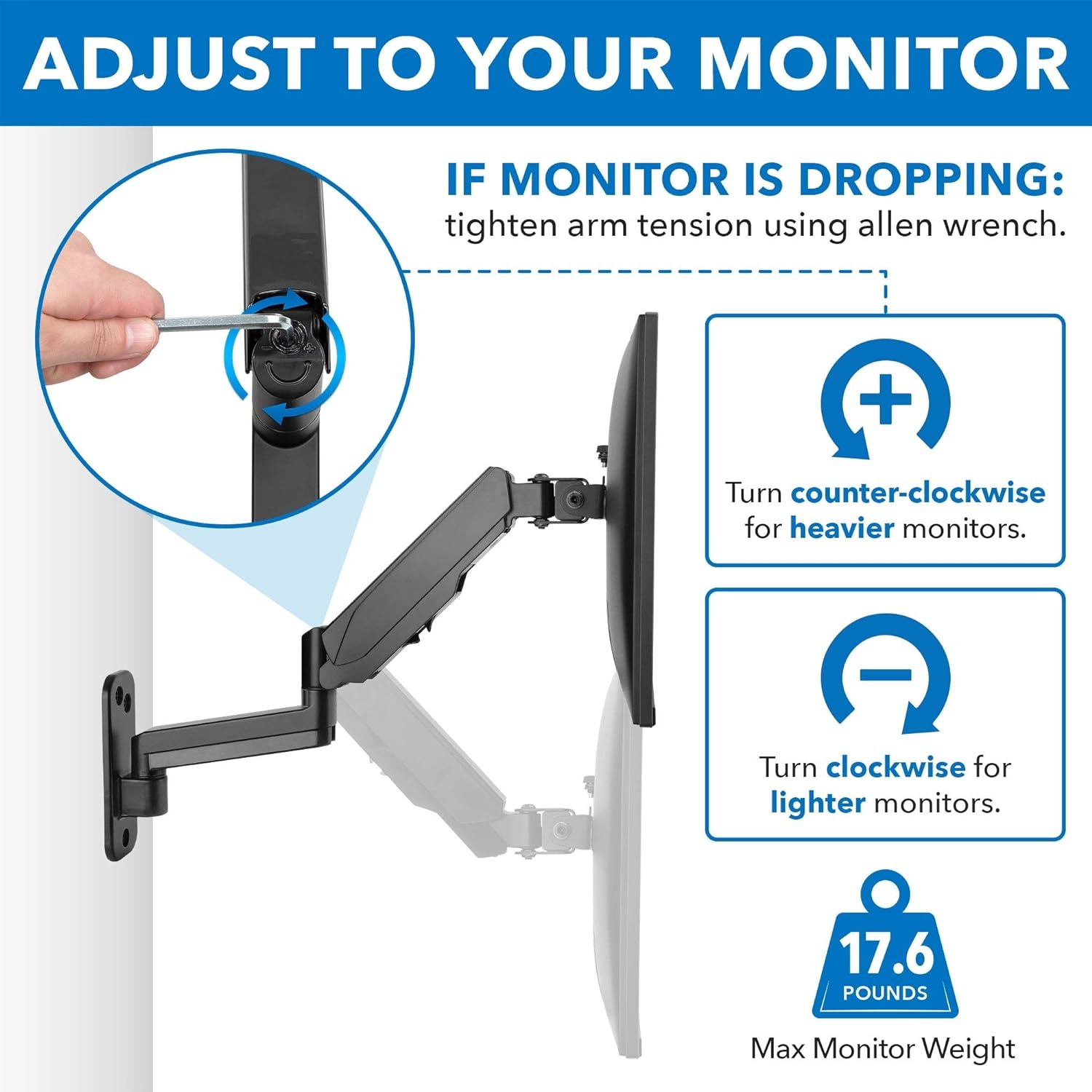 image:imageMountIt Single Computer Monitor Wall Mount Gas Spring Arm Full Motion Height Adjustable for 1732 Inch Screens Tilt Swivel Rotate VESA 75x75 100x100 176 Lbs Alloy Steel amp Aluminum Black