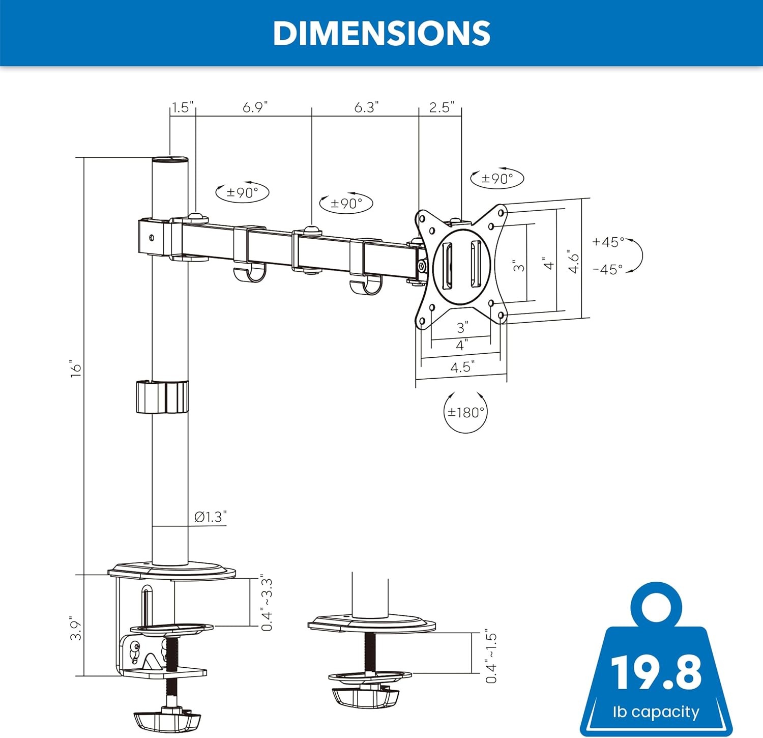 image:imageMountIt Single Monitor Arm Desk Mount for 1732 Inch Screens Holds up to 198 lbs Full Motion Computer Monitor Stand Steel Clamp and Grommet Base VESA 75x75 100x100 Cable Management BlackBlack